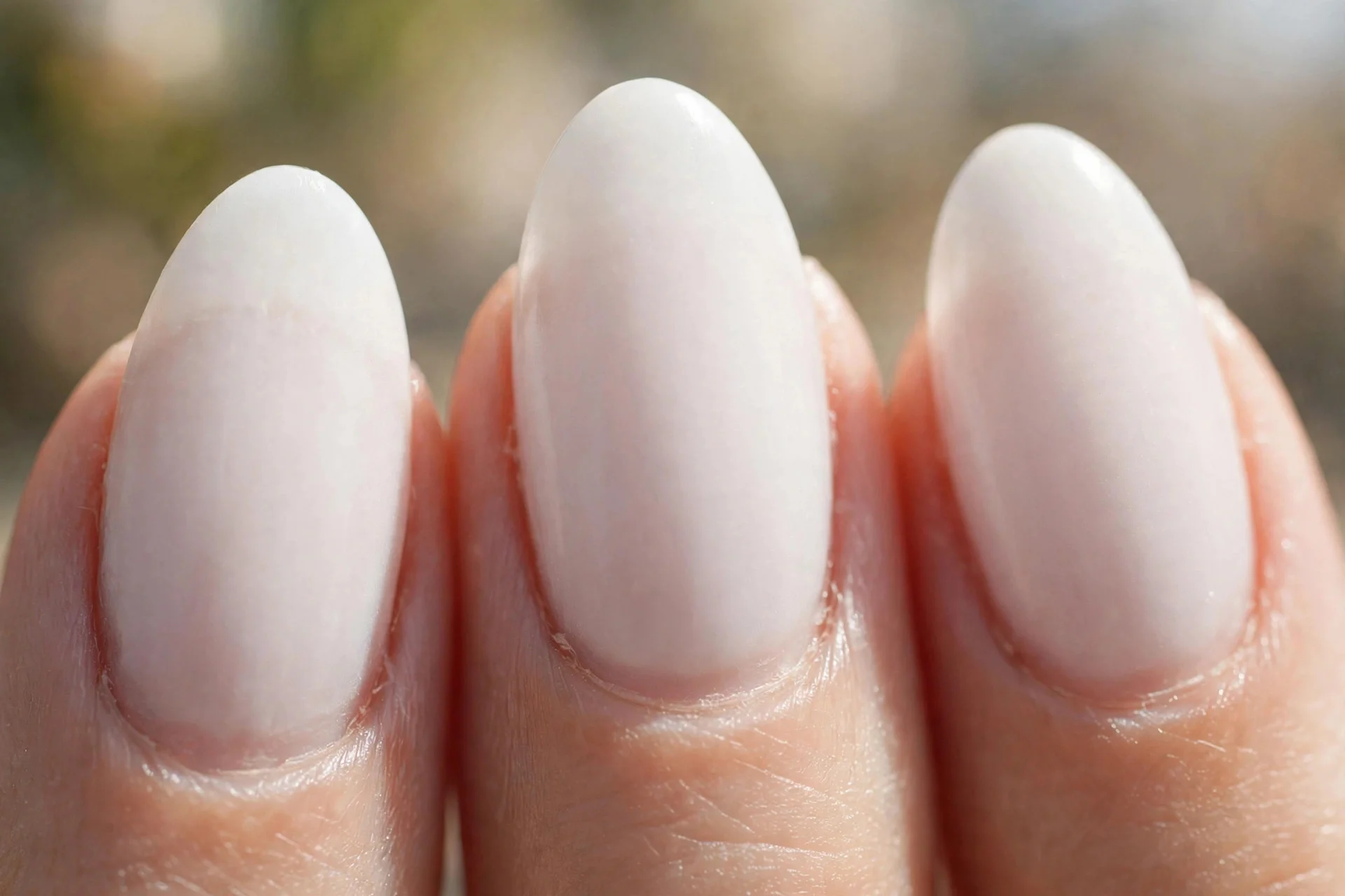 medium-length almond nails in milky white, symmetrical shaping