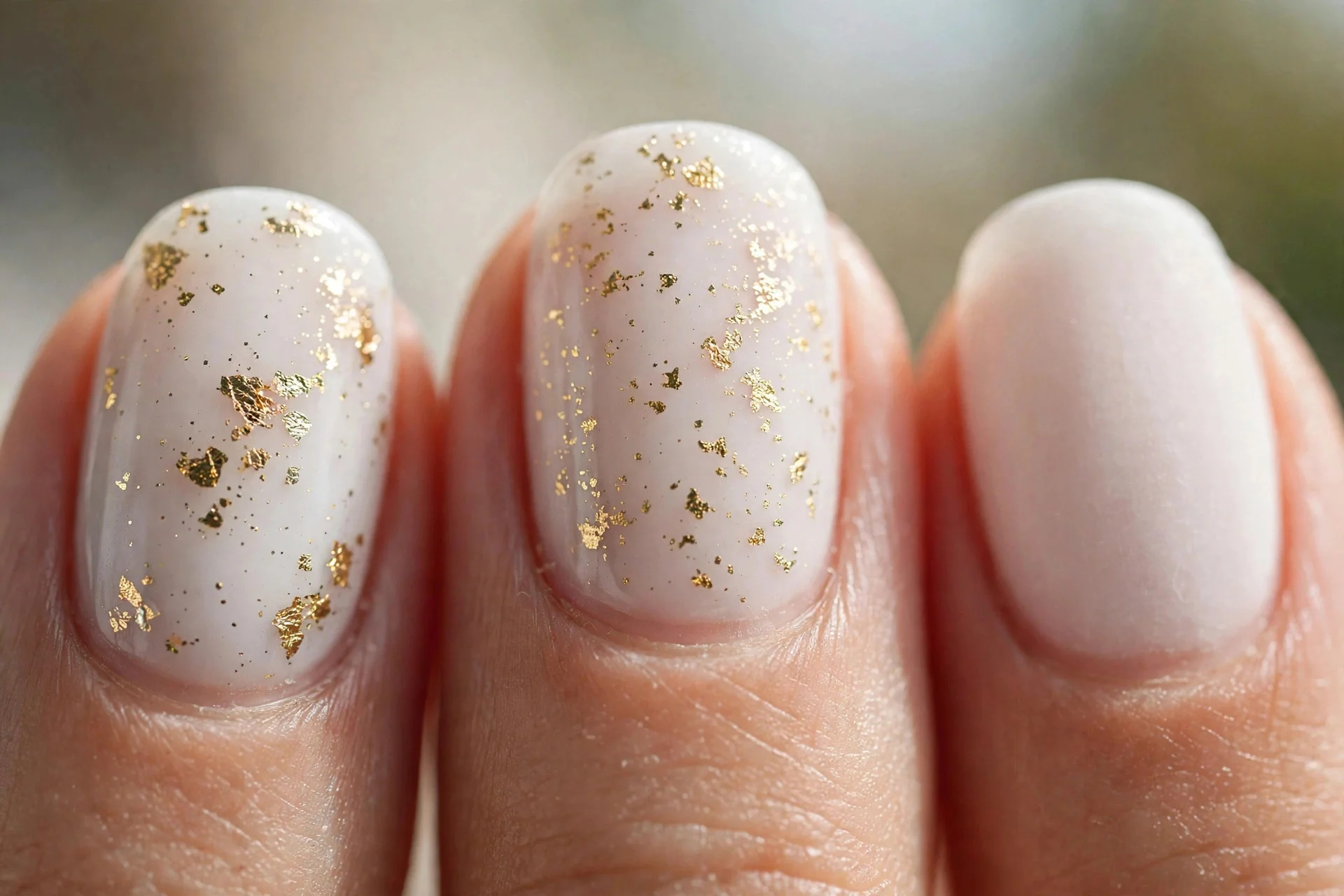 milky white nails with small gold foil flakes on two accent nails