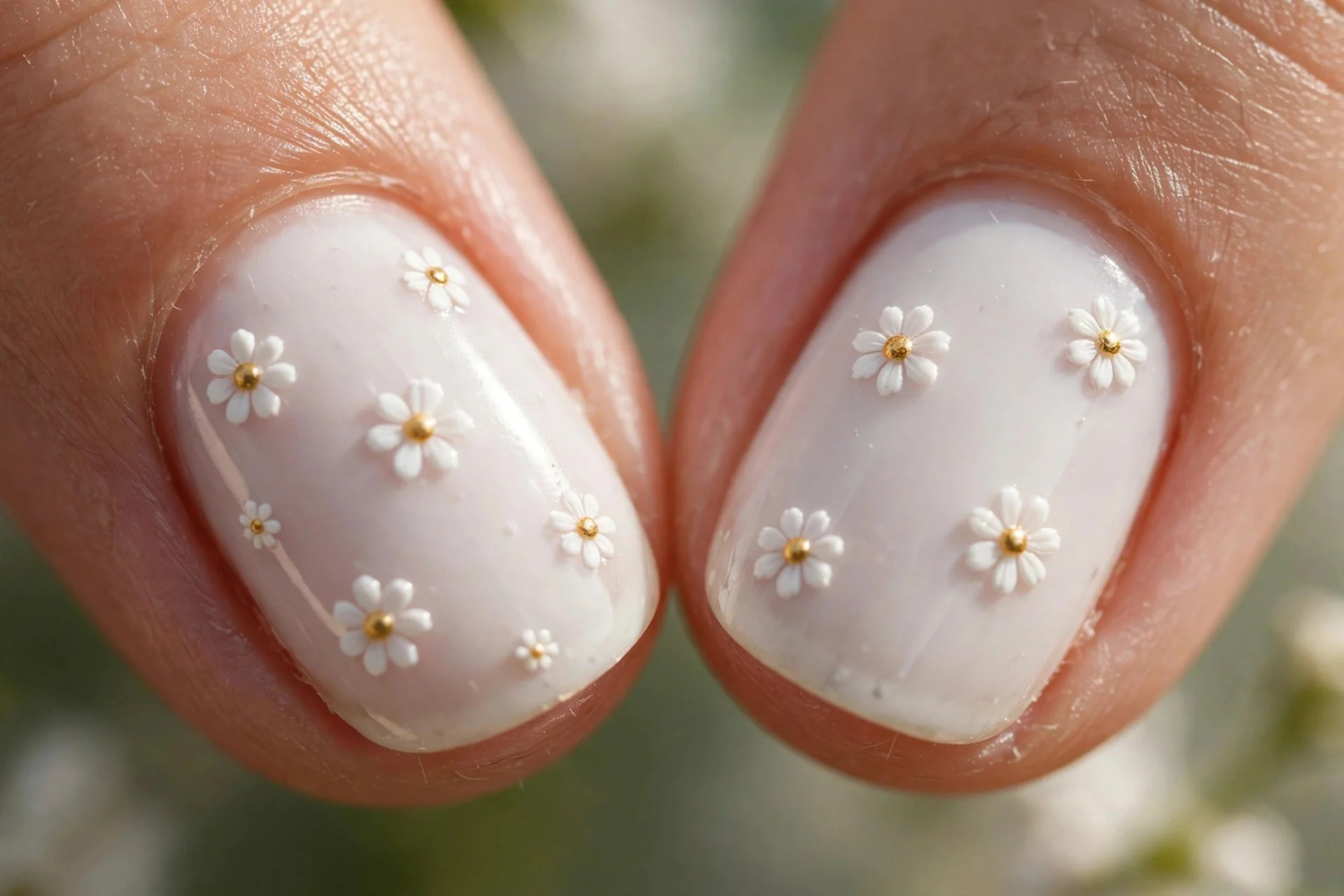 milky white nails with tiny white daisy dot flowers with gold centres