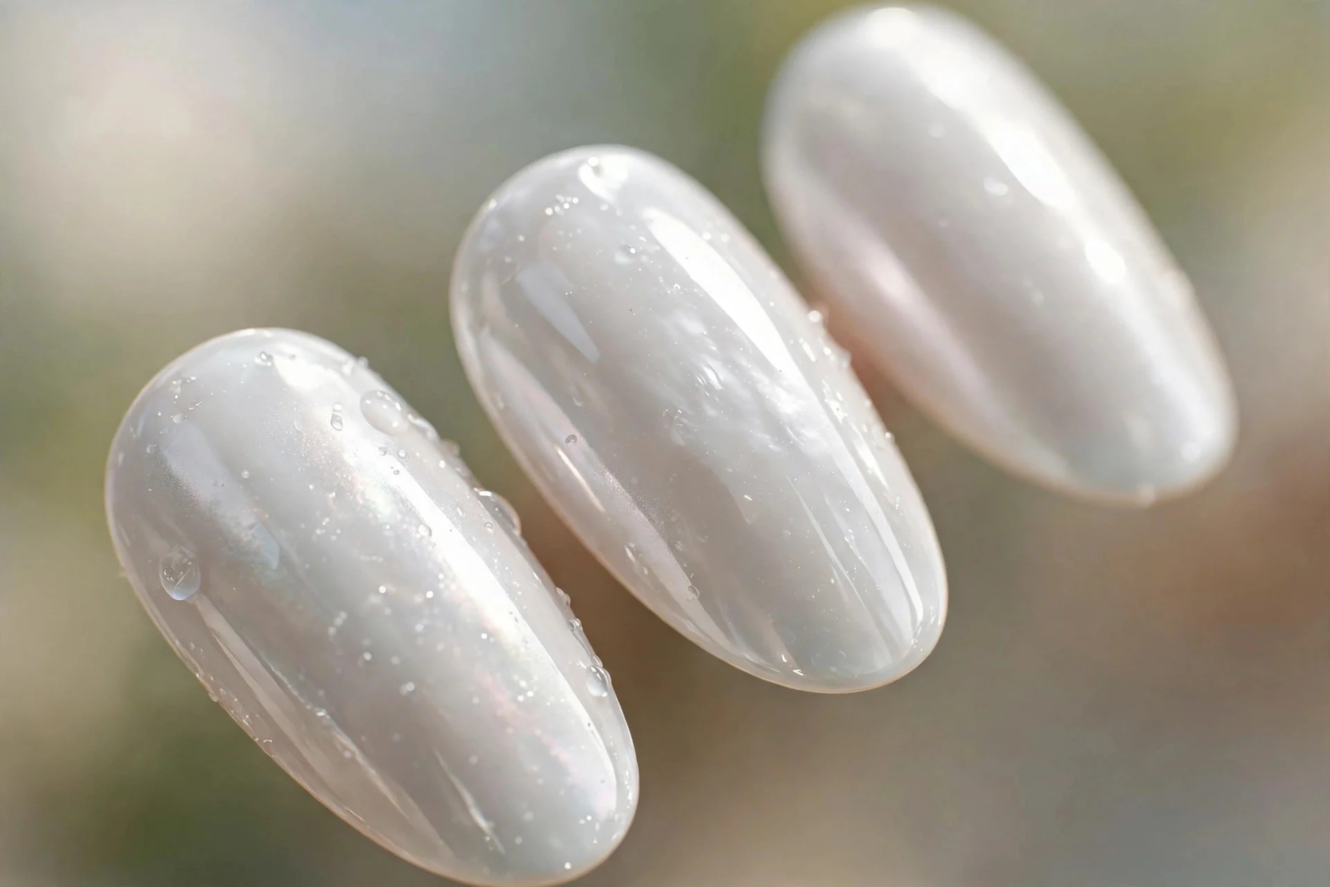 almond nails in milky white chrome with a liquid-pearl glass finish