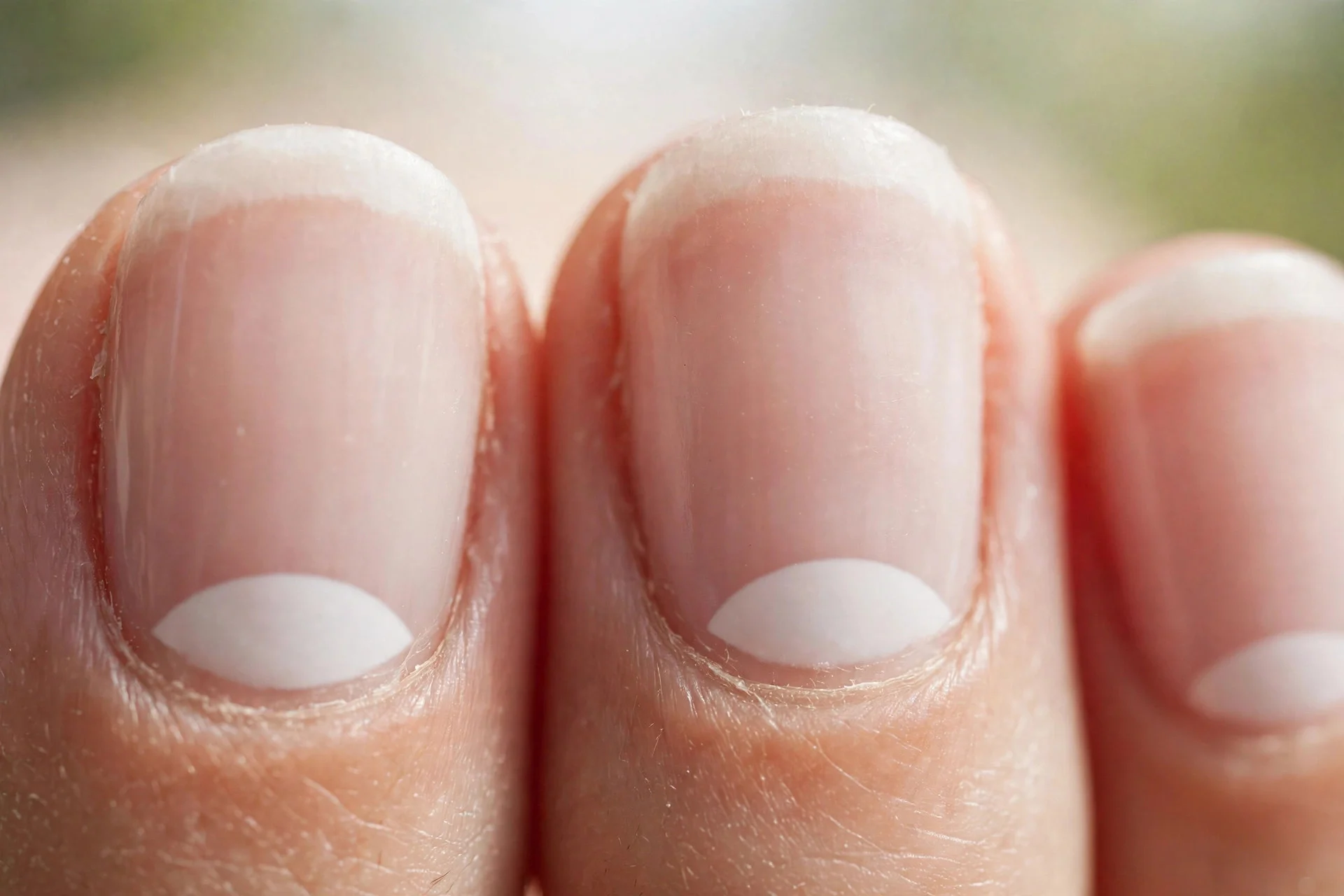 nails with milky base and crisp white half-moon at the cuticle