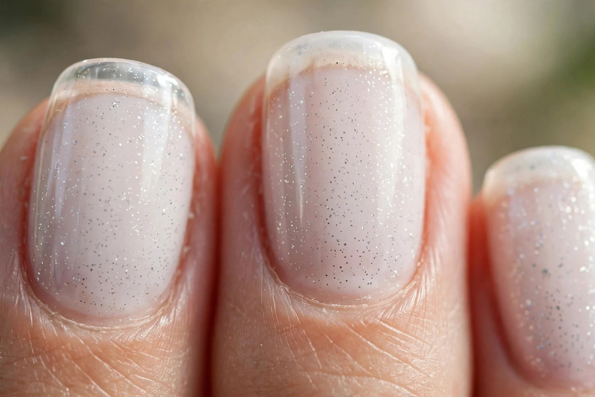 milky white nails with fine silver glitter suspended under a glassy clear layer