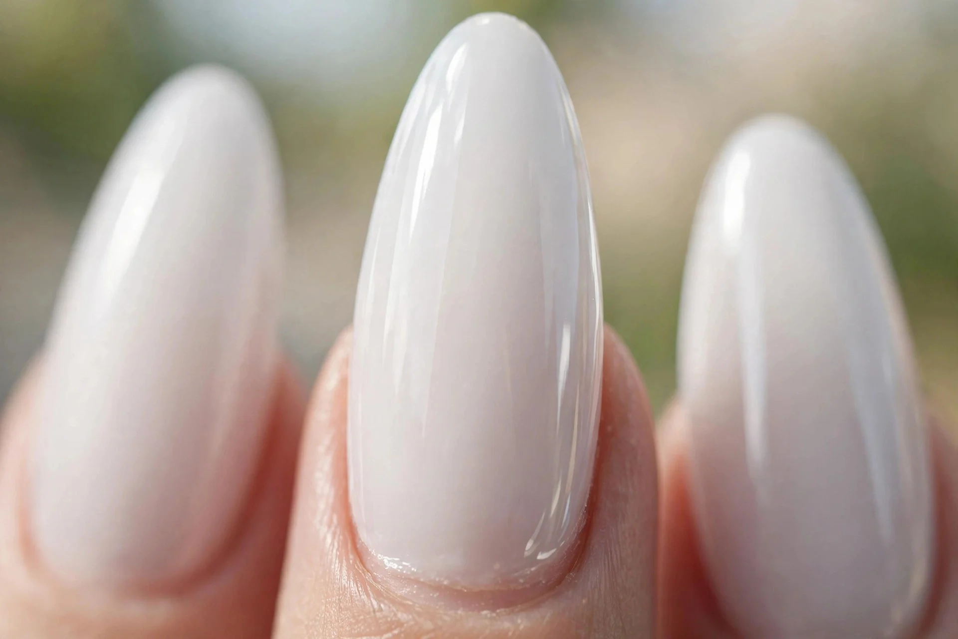 long sculpted almond extensions in milky white with flawless gloss