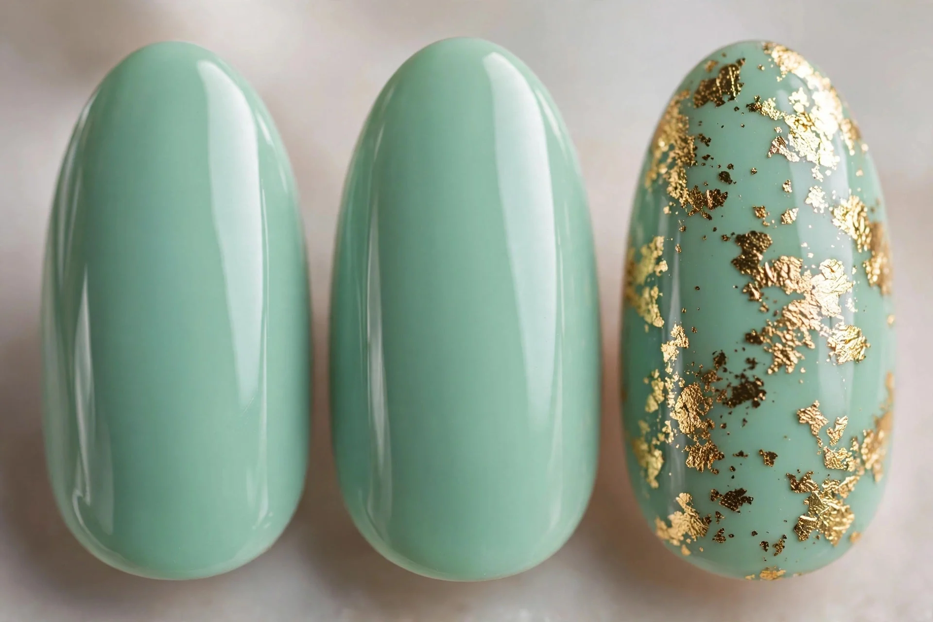 Mint nails with gold foil flakes on accent nail, almond