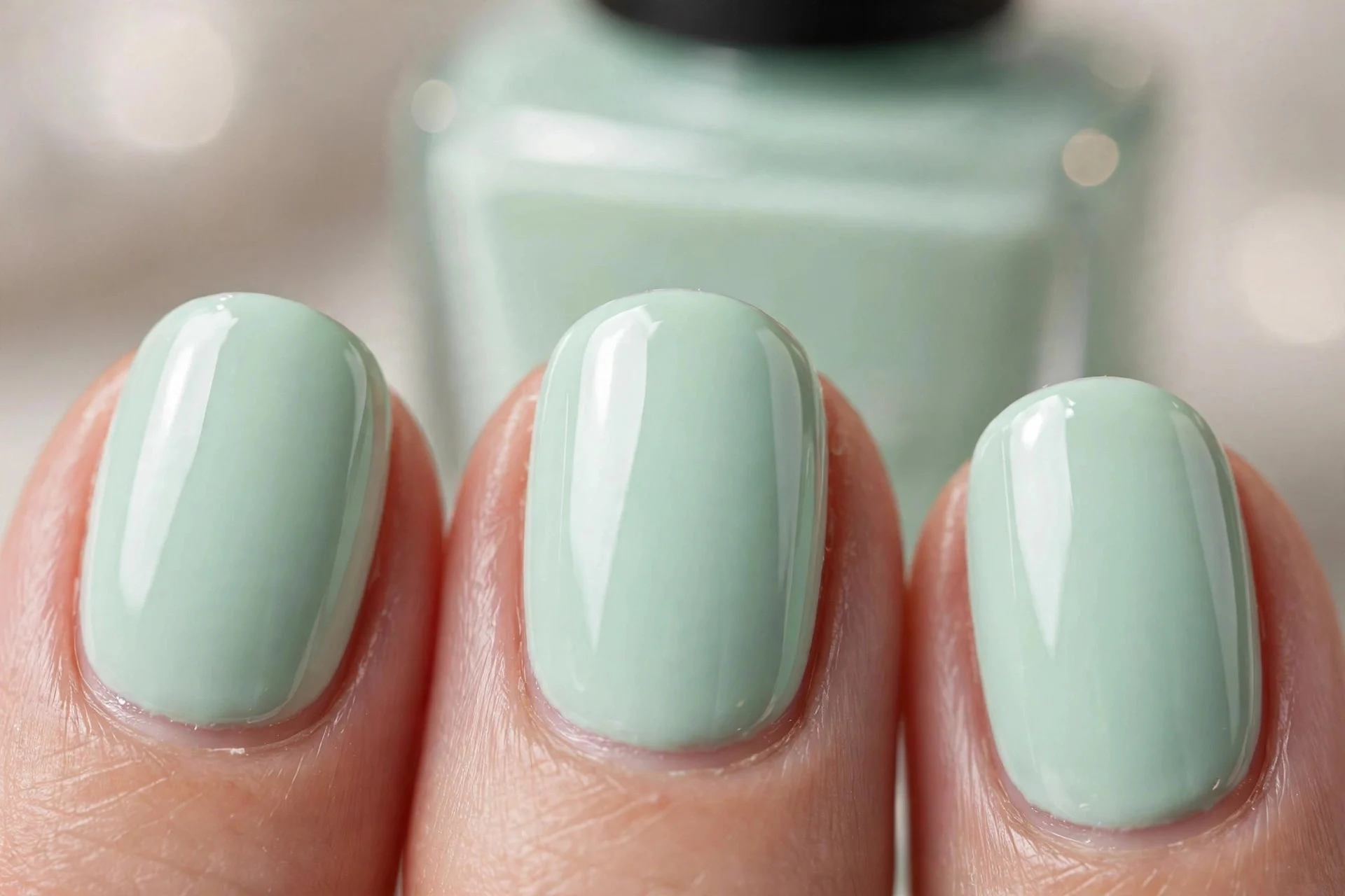 Mint cream polish bottle beside mint painted nails, oval