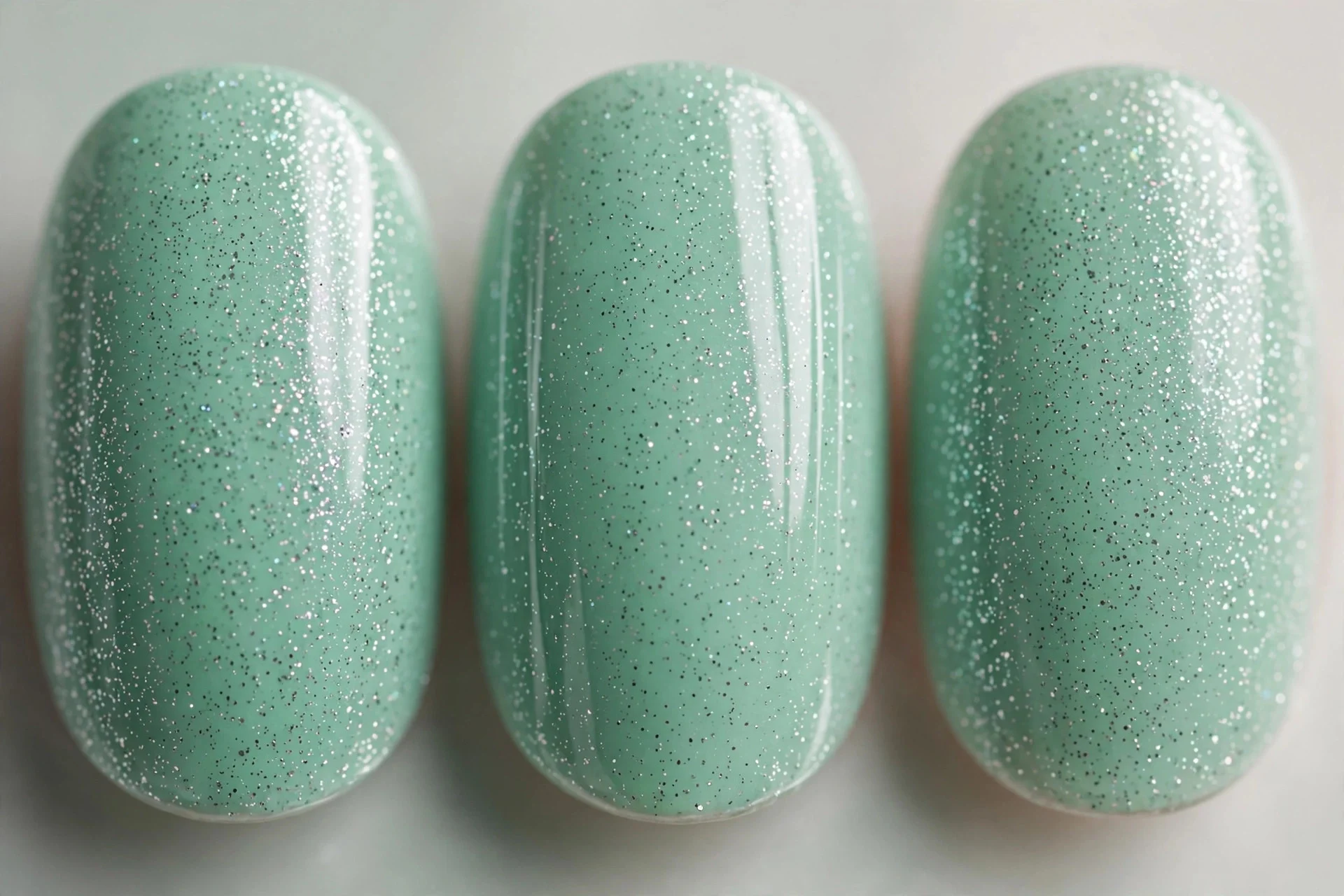 Mint nails with fine glitter topper, oval nails