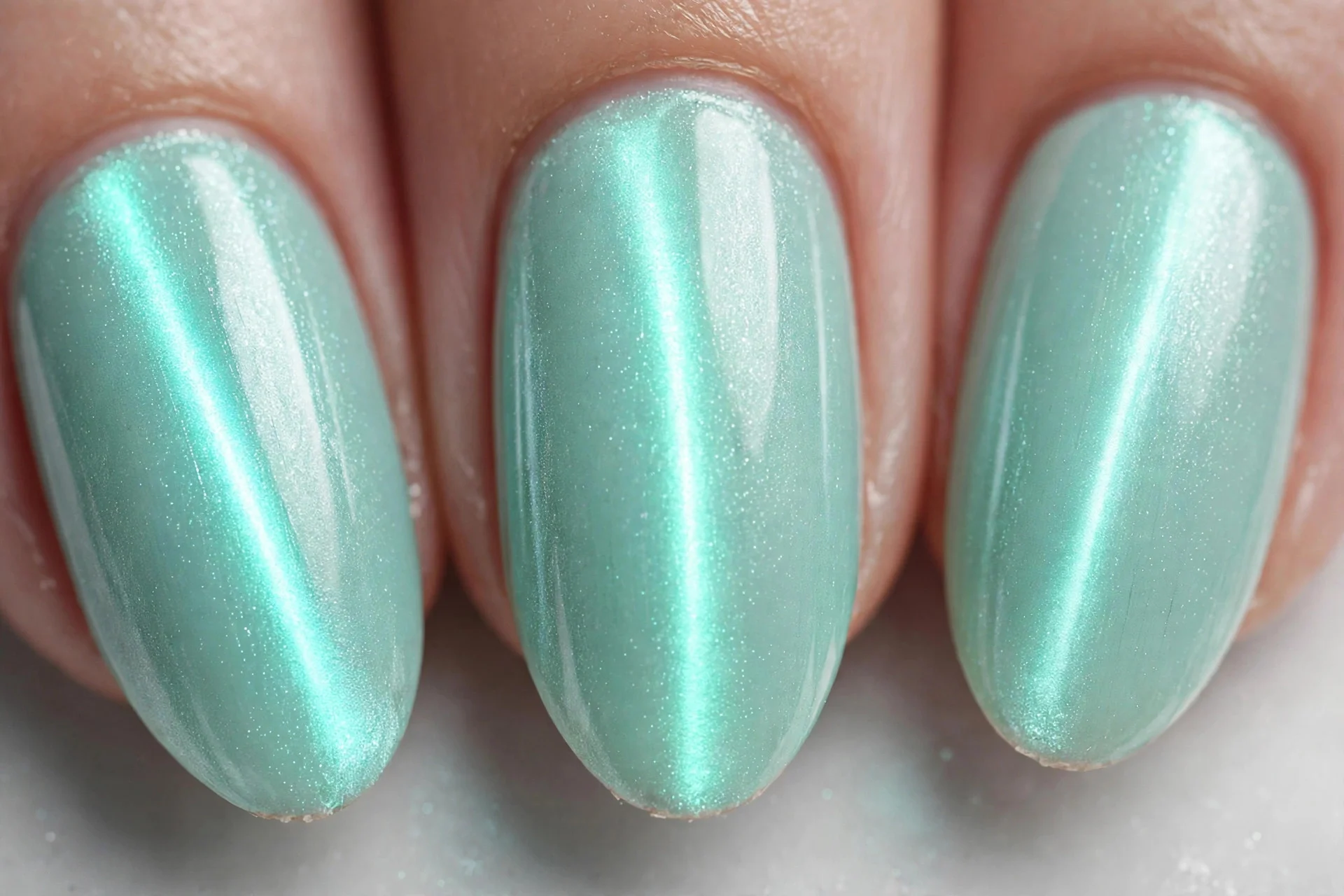 Mint magnetic cat-eye nails with glowing centre line, almond