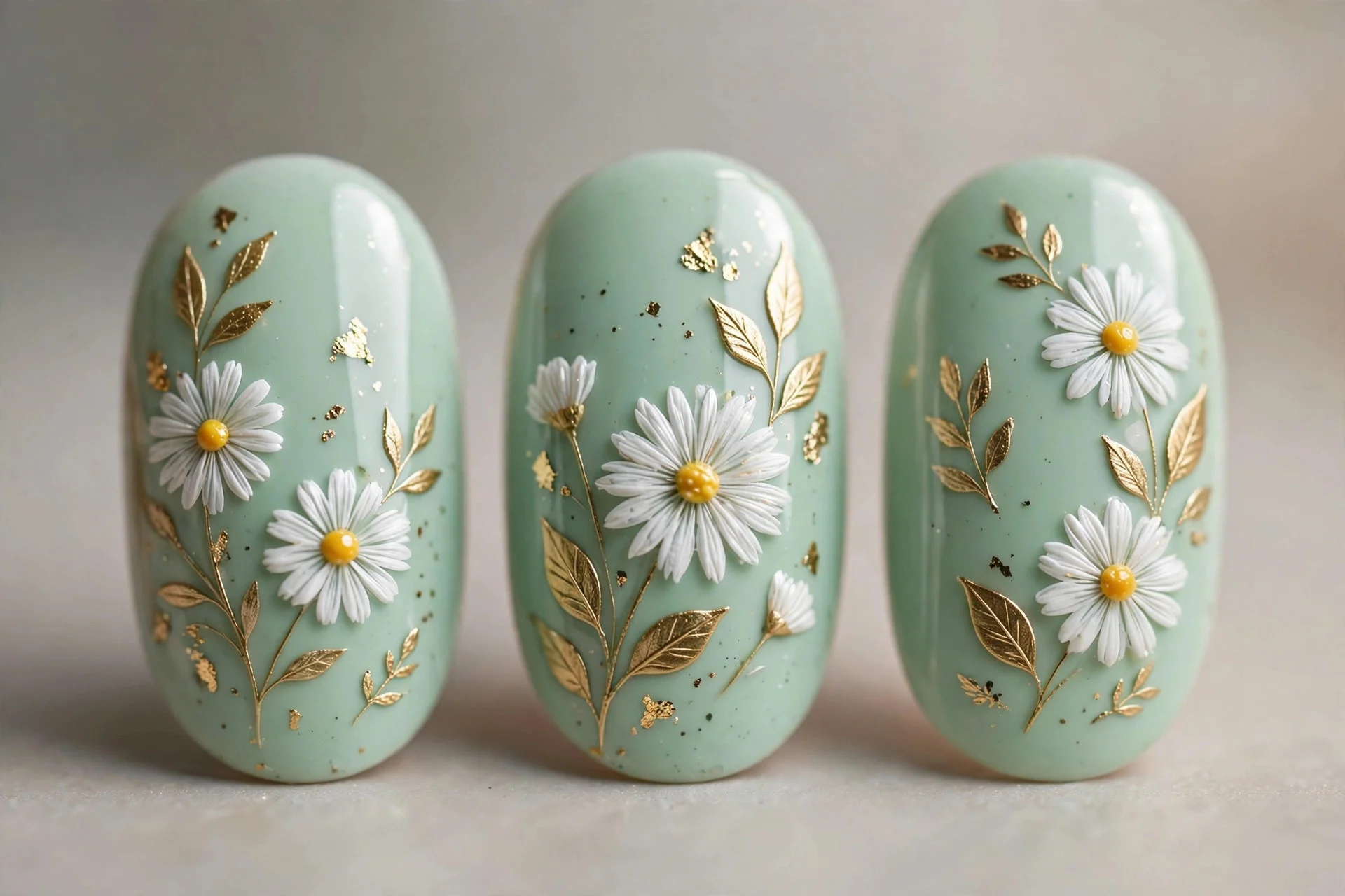 Mint nails with hand-painted white daisies and gold leaves, oval