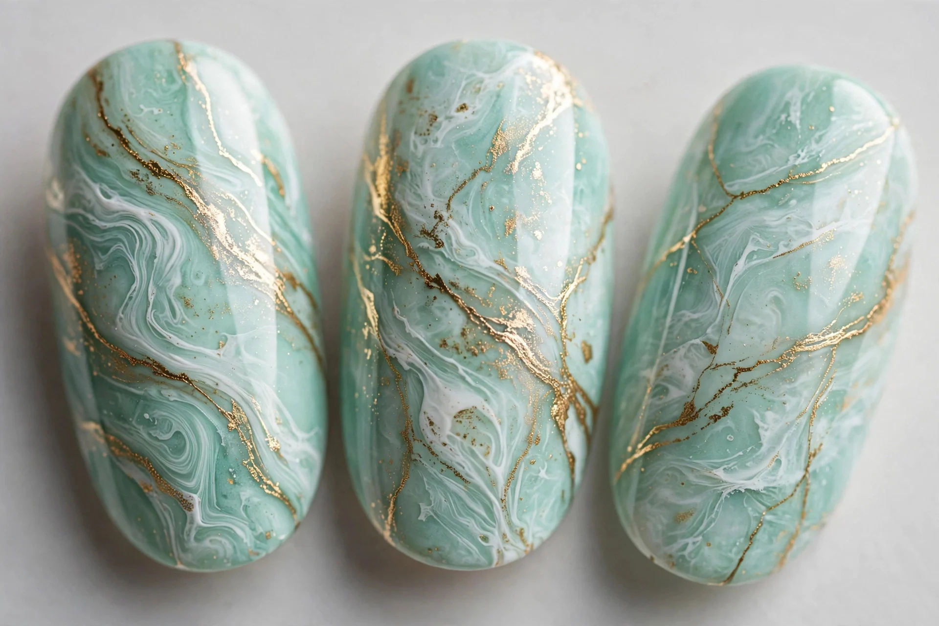 Mint marble with white and gold veining, almond nails