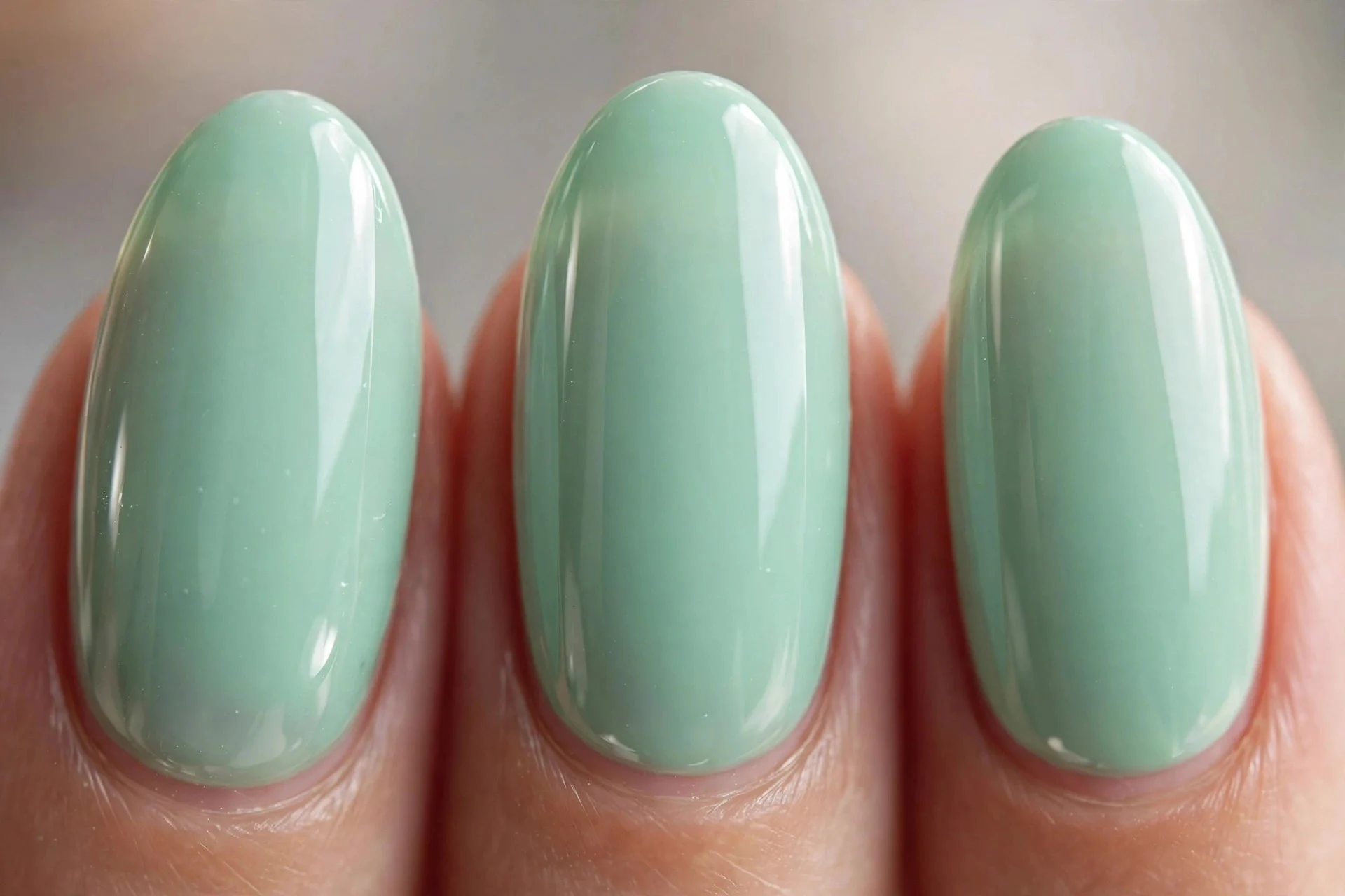 Mint polish over structured gel, medium almond nails, glossy