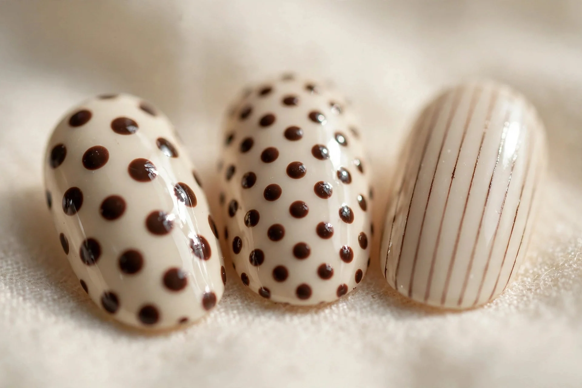 Extreme macro of three oval nails in cream with chocolate polka dots and pinstripes, neutral background
