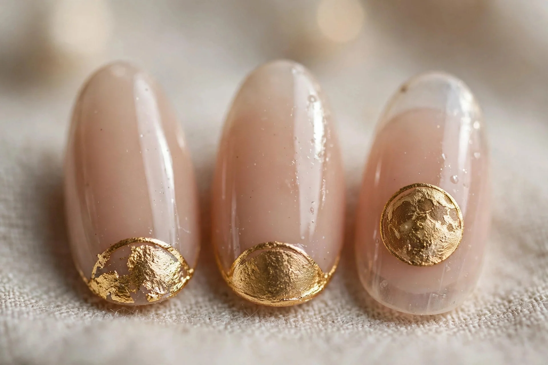 Extreme macro of three almond nails with sheer nude base, gold half-moons and full moon circles, neutral background