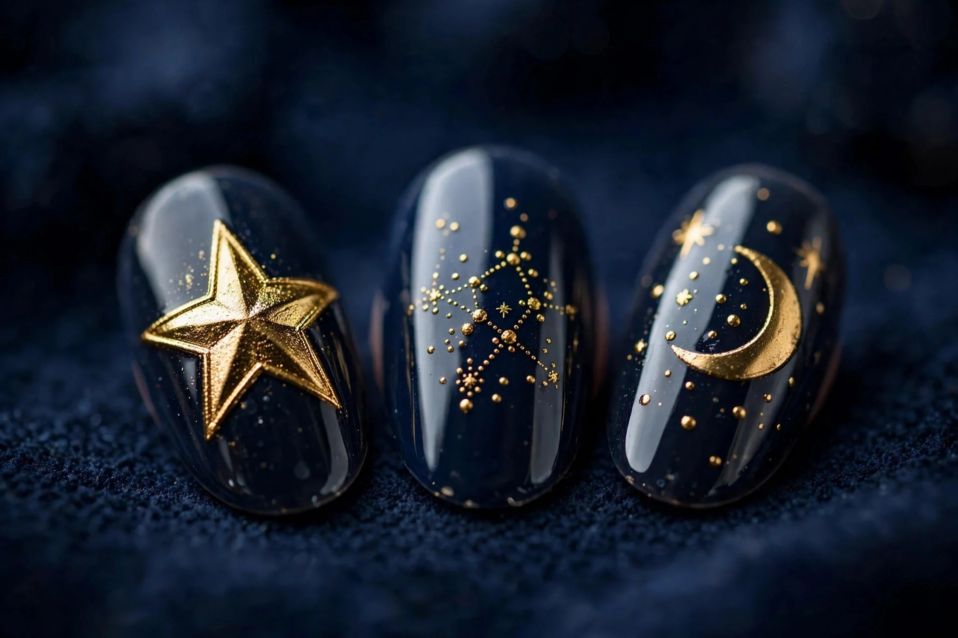 Extreme macro of three navy nails with bold gold star and tiny gold constellation dots, almond shape