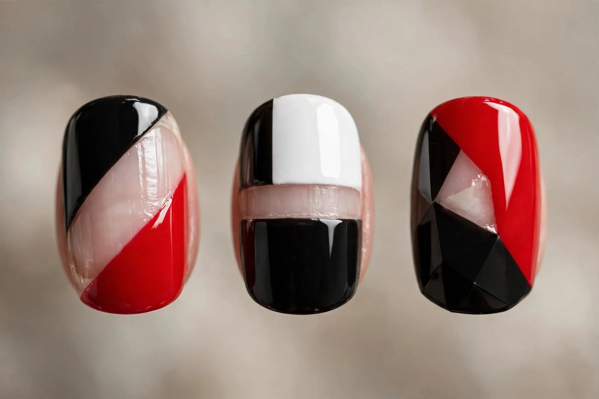 Extreme macro of three nails with negative space color-blocking in black, white and red, bare nail showing