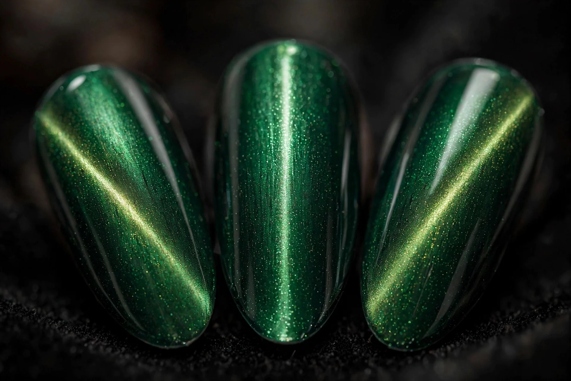 Extreme macro of three almond nails in emerald magnetic cat-eye with shifting light effects, dark background