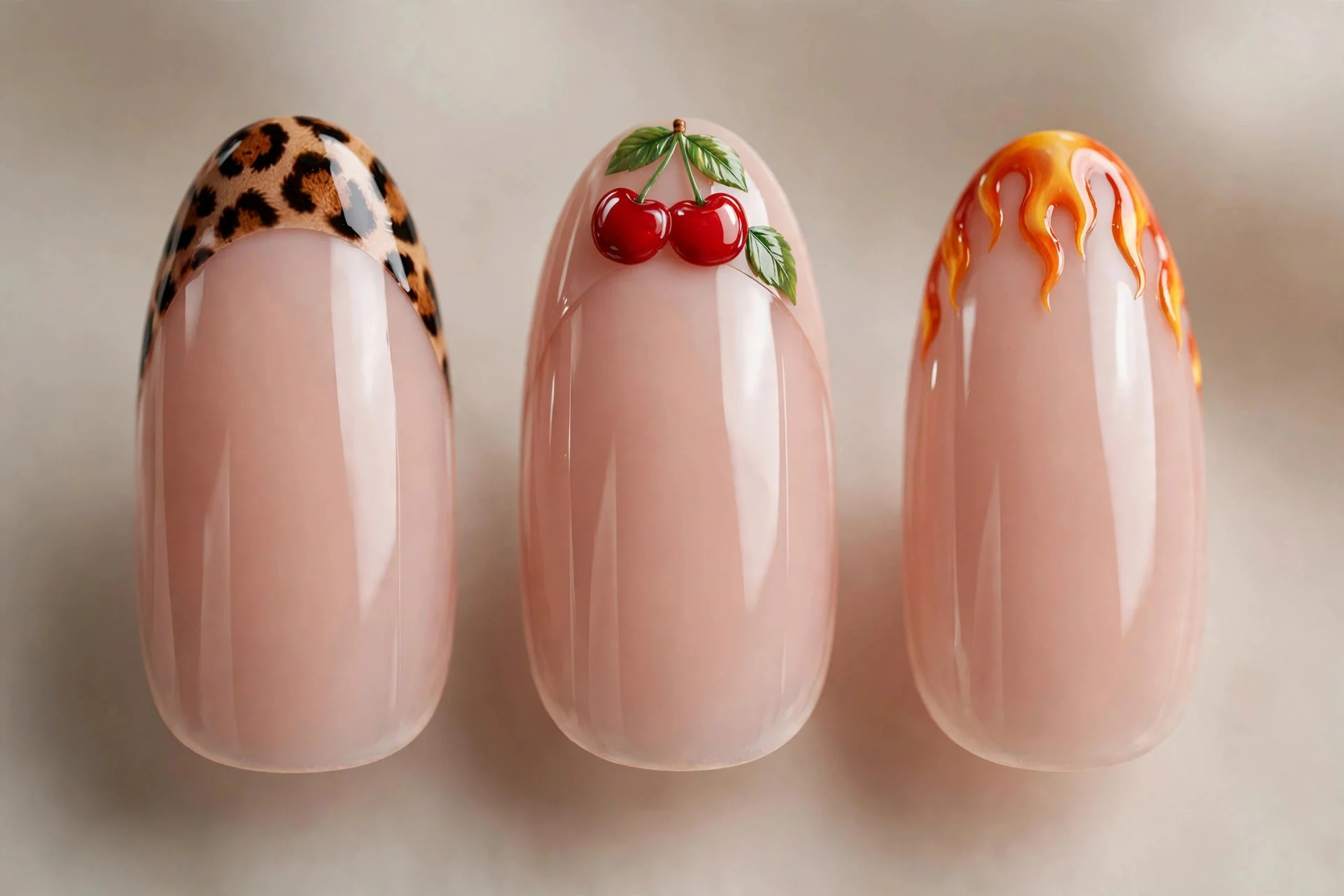 Extreme macro of three nails with nude French base and mismatched leopard, cherry, flame tips