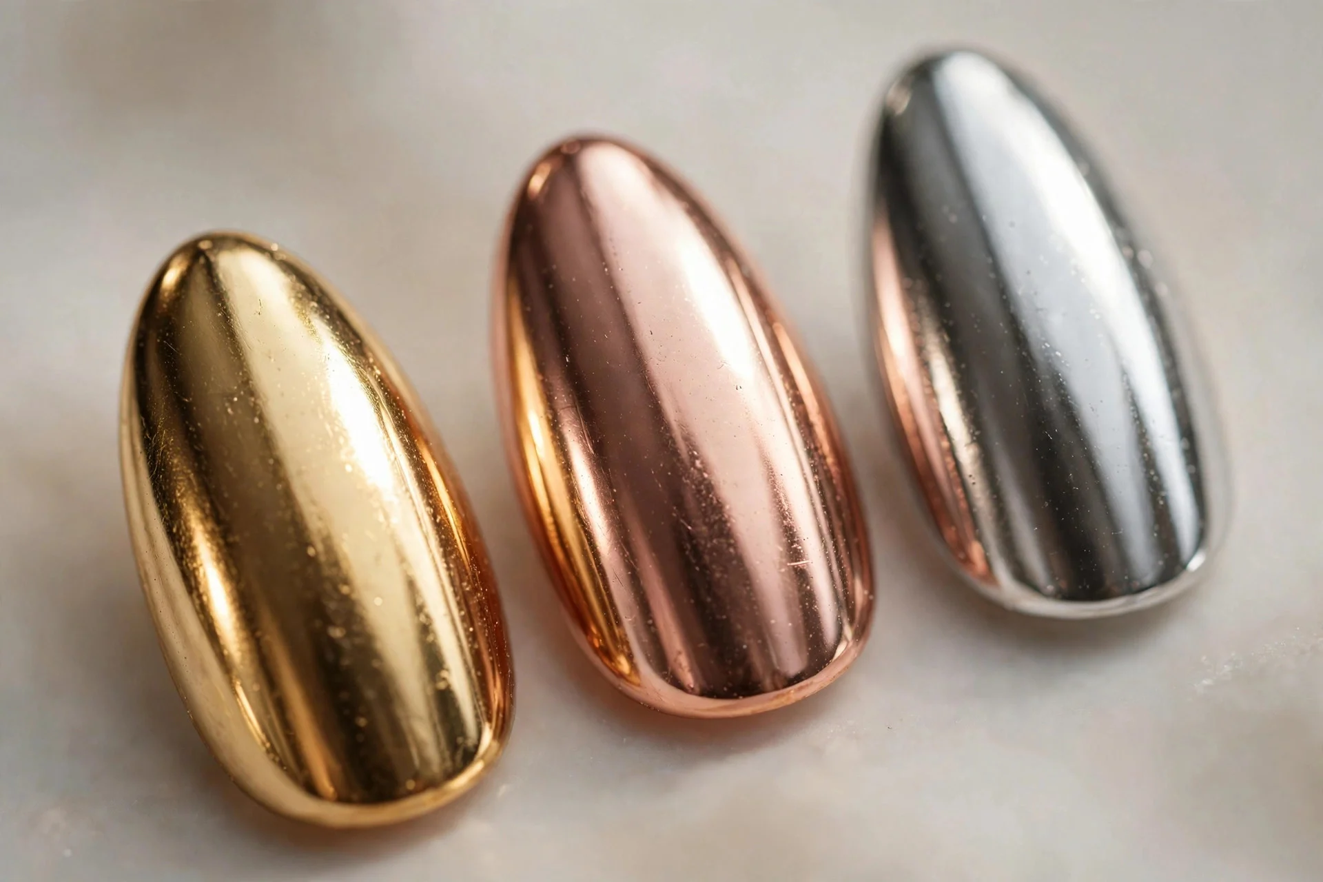 Extreme macro of three nails in gold, rose gold and silver mirror metallics, almond shape