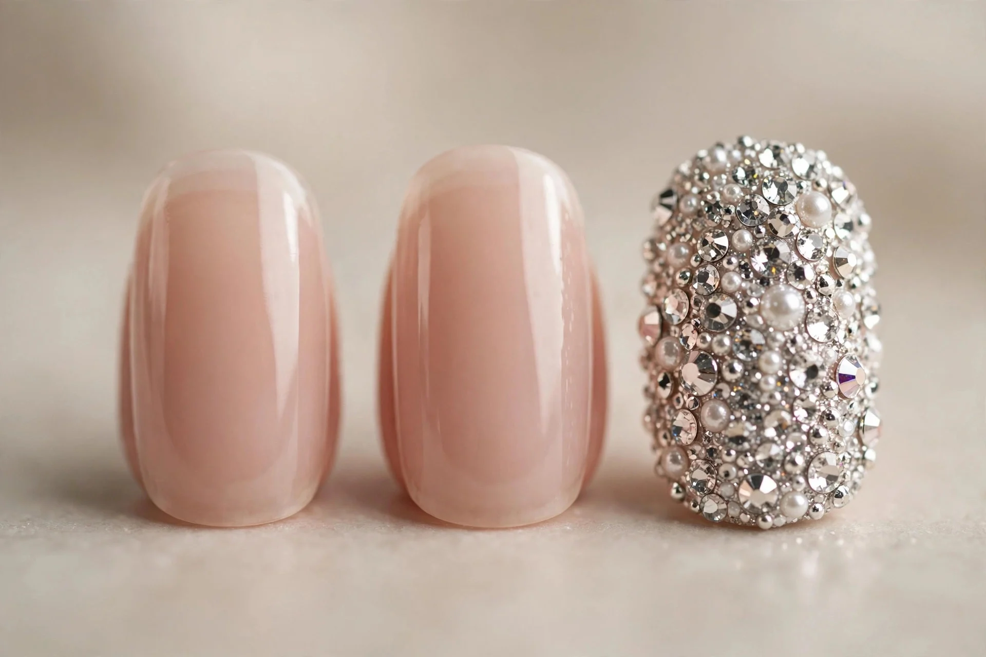 Extreme macro of two sheer bare nude nails beside one fully crystallized rhinestone nail
