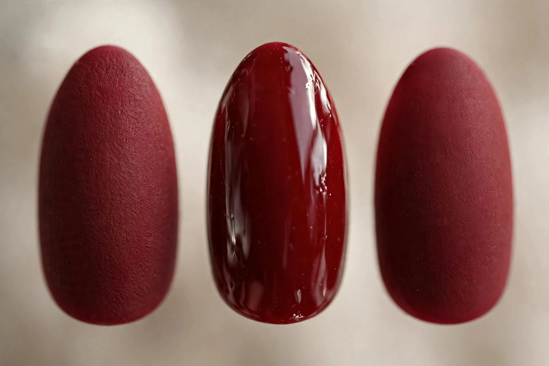 Extreme macro of three nails in deep oxblood red, alternating matte and glossy finishes