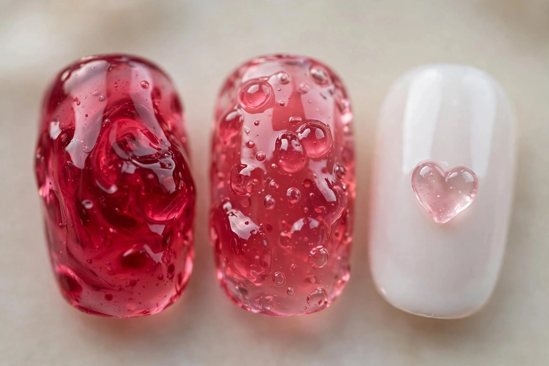Extreme macro of three nails: raspberry jelly alternating with milky white and jelly heart decals