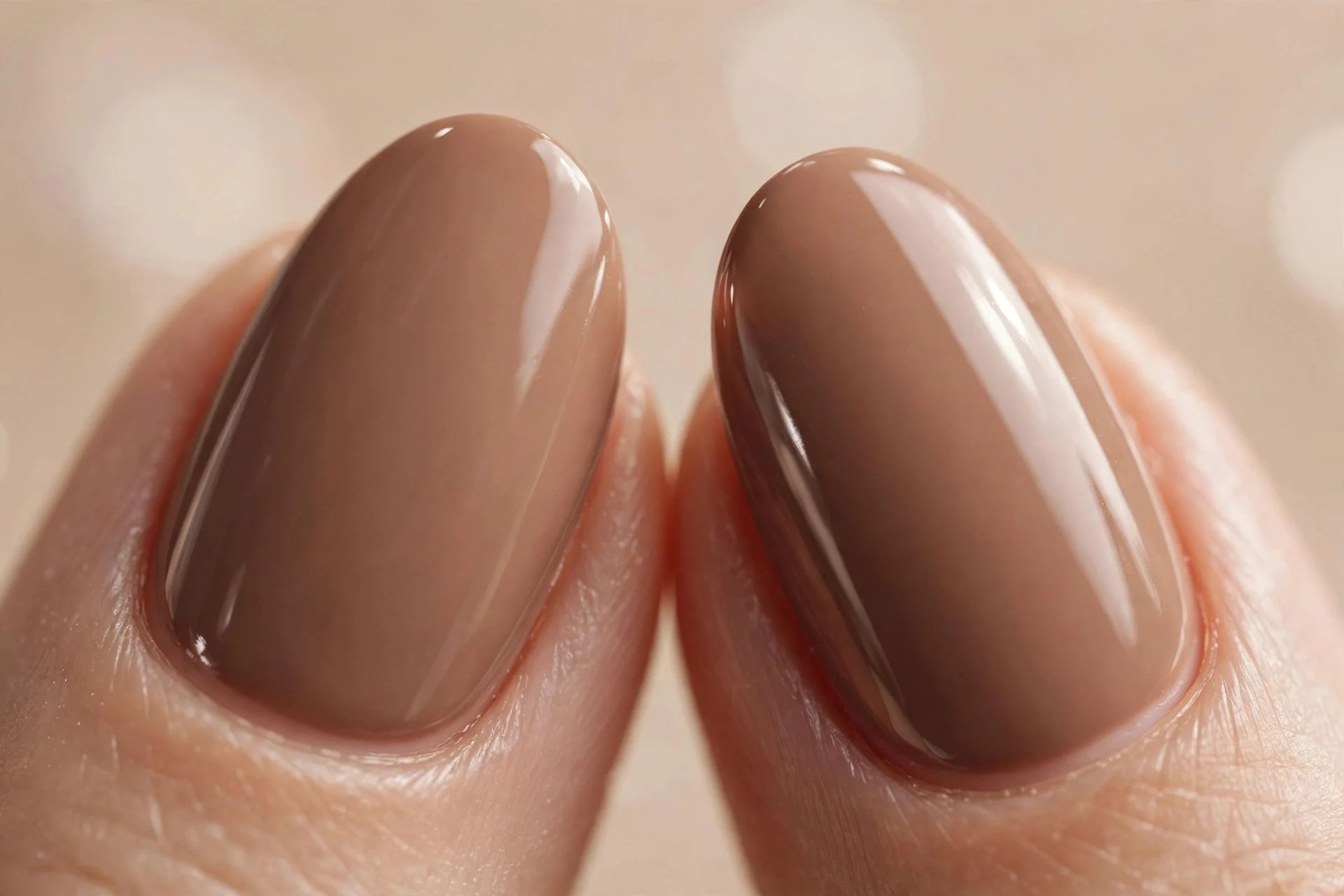 Almond nails with a solid rich mocha cream polish, glossy, beige background