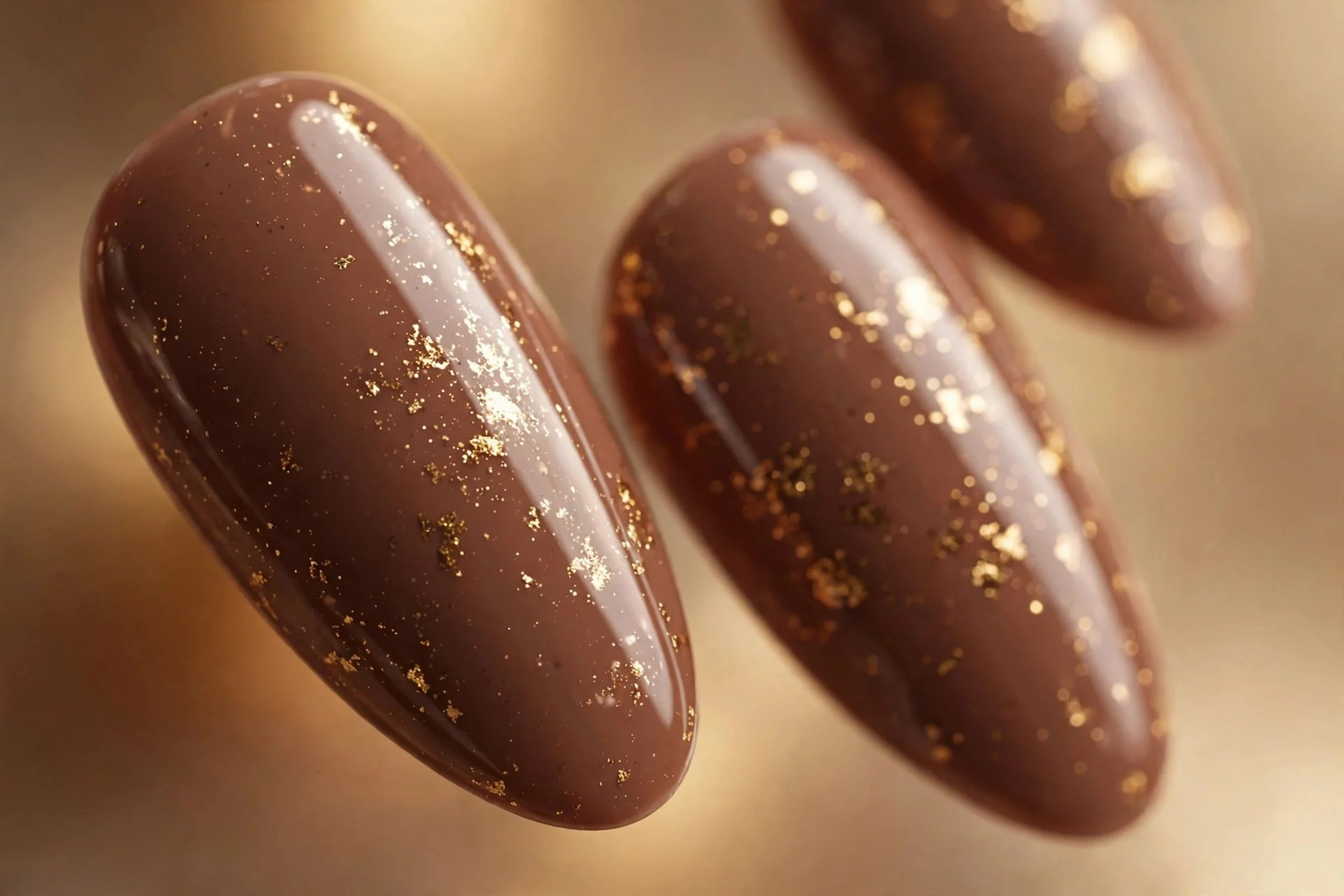 Almond nails in solid mocha with gold metallic flakes, glossy, warm background