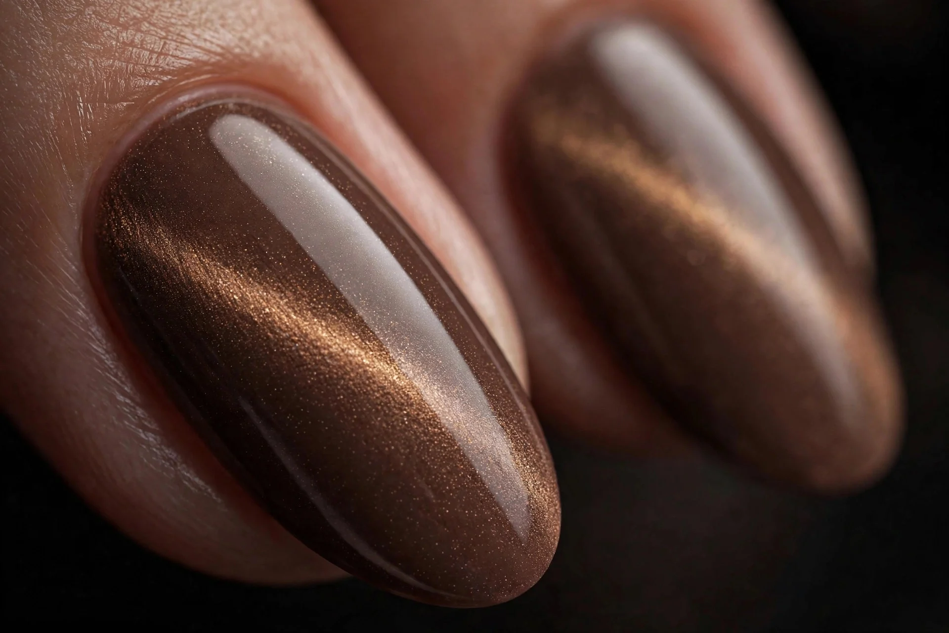 Almond nails with mocha magnetic cat-eye velvet effect, glossy, dark background
