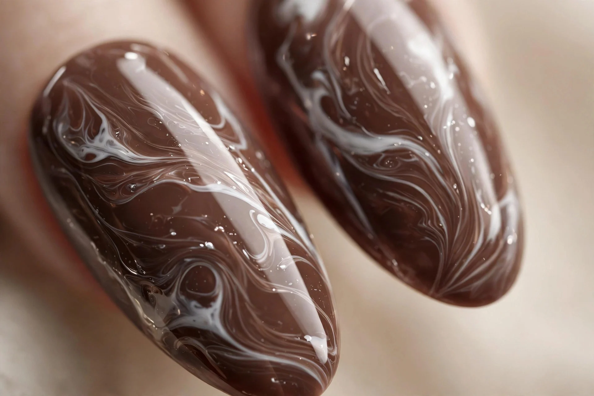 Almond nails with white marble swirl through deep mocha, glossy, beige background