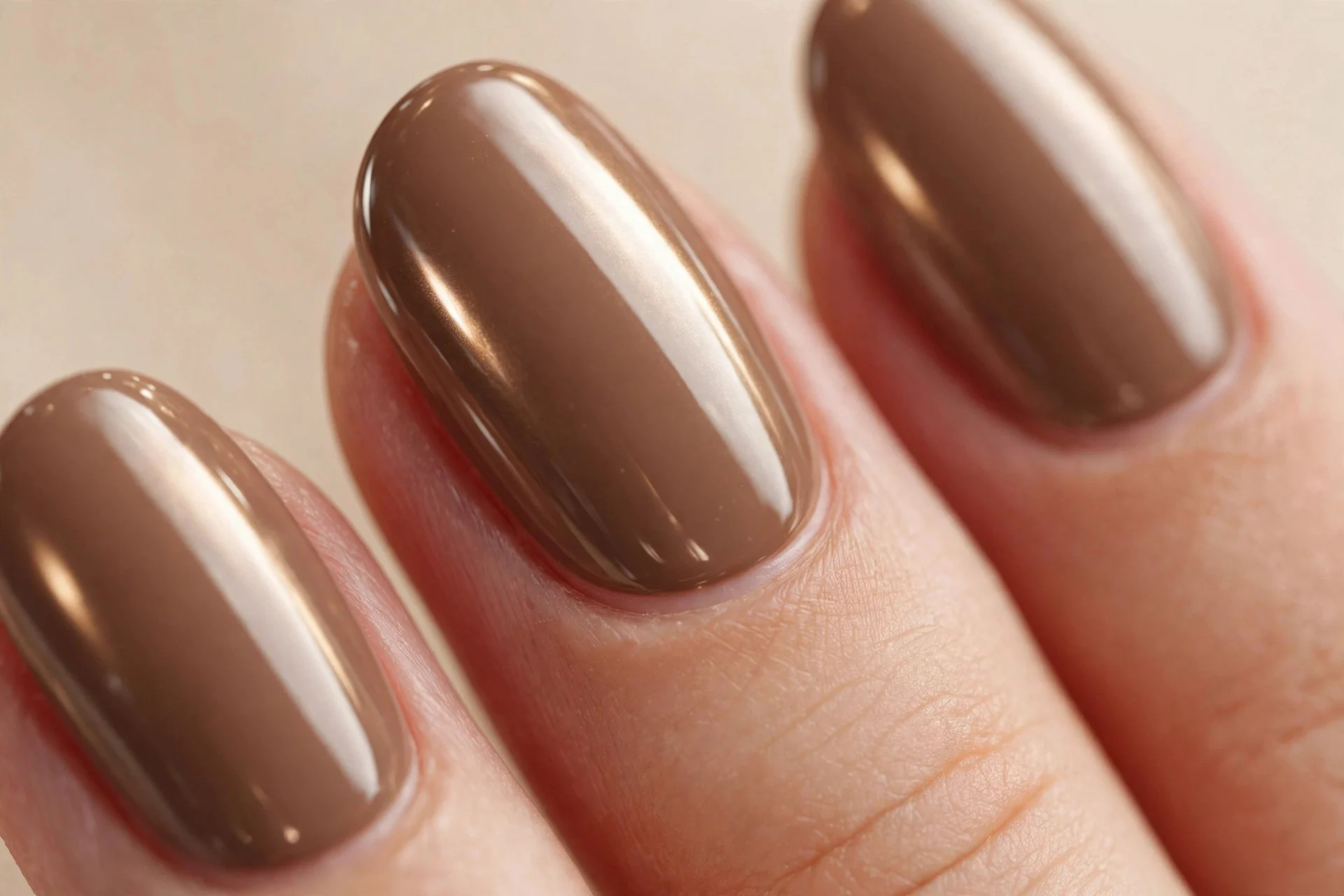 Almond nails with mocha glazed donut chrome finish, luminous shine, beige background
