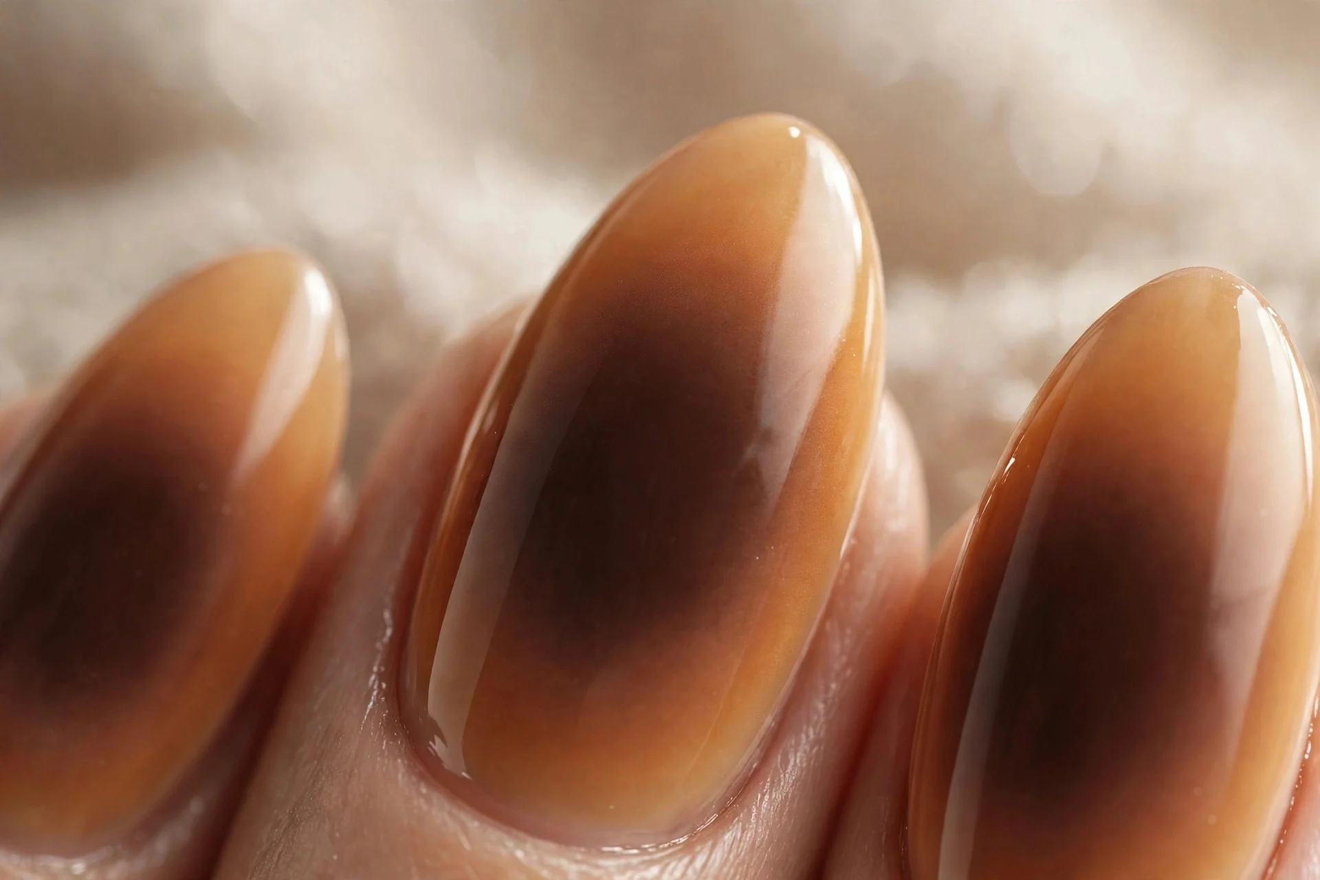 Almond nails with a mocha aura gradient, darker center fading to caramel, glossy, beige background