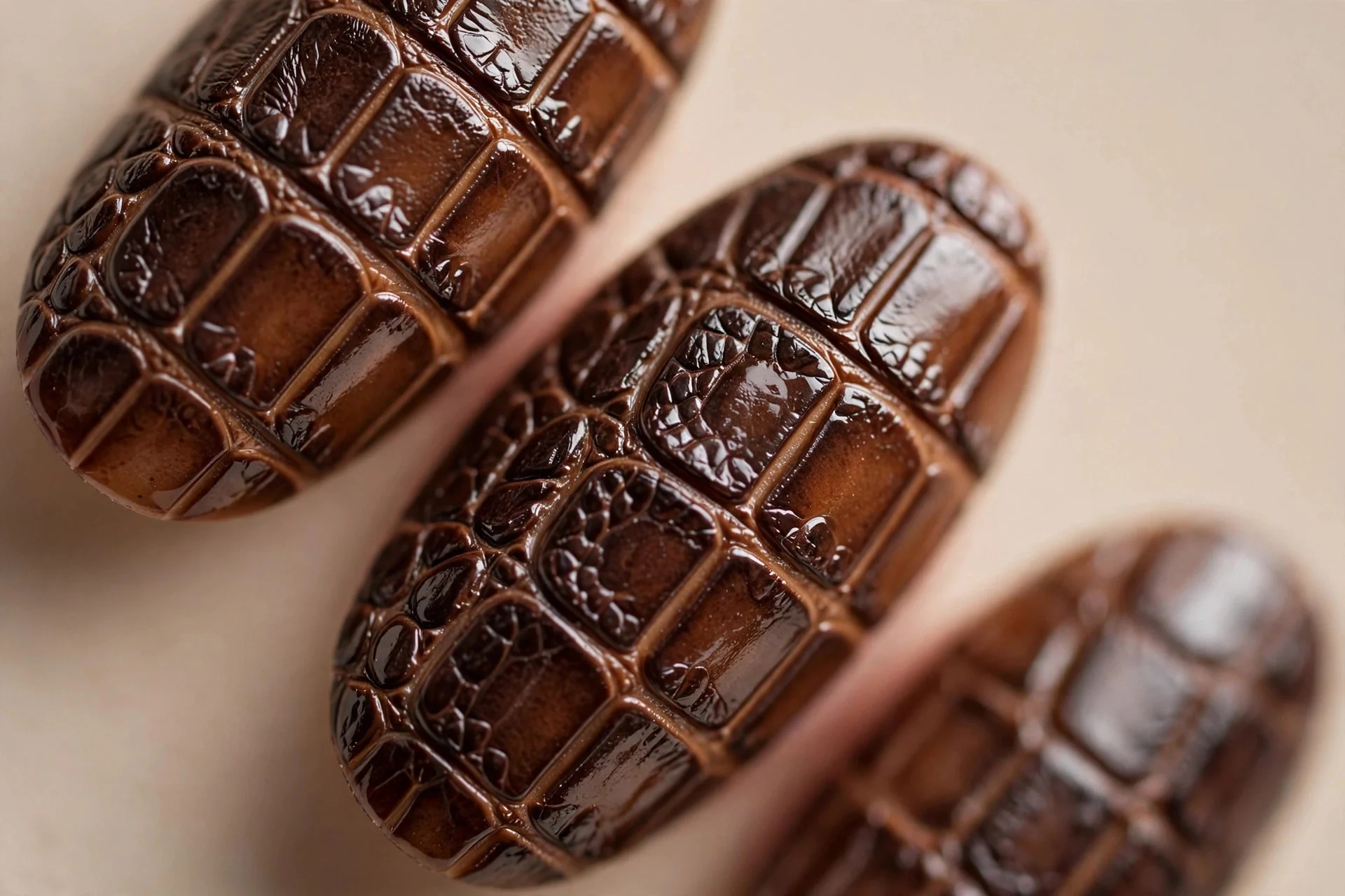 Almond nails with crocodile texture in dark mocha over caramel, glossy, beige background