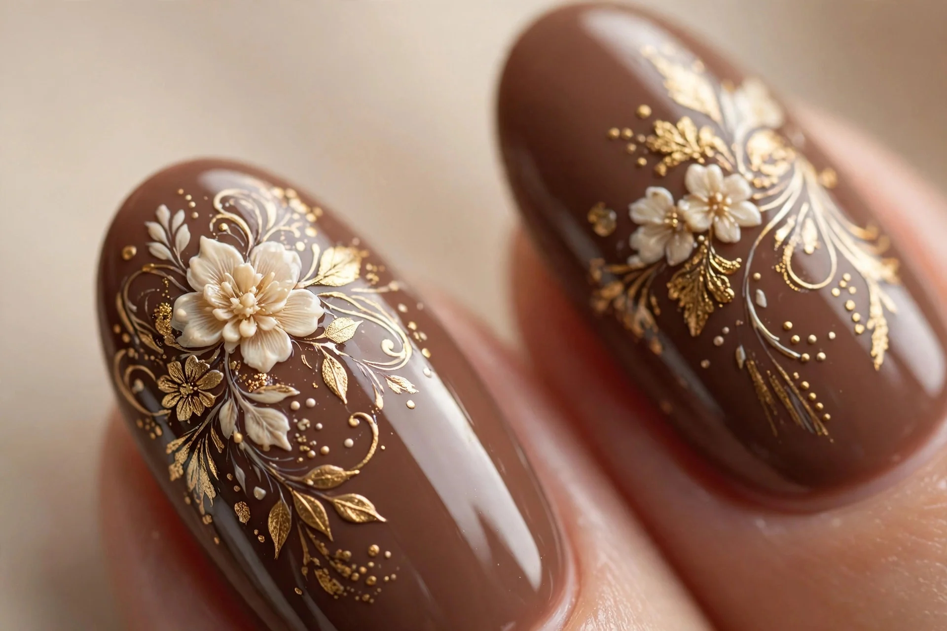 Almond nails with hand-painted cream and gold florals over mocha, glossy, beige background