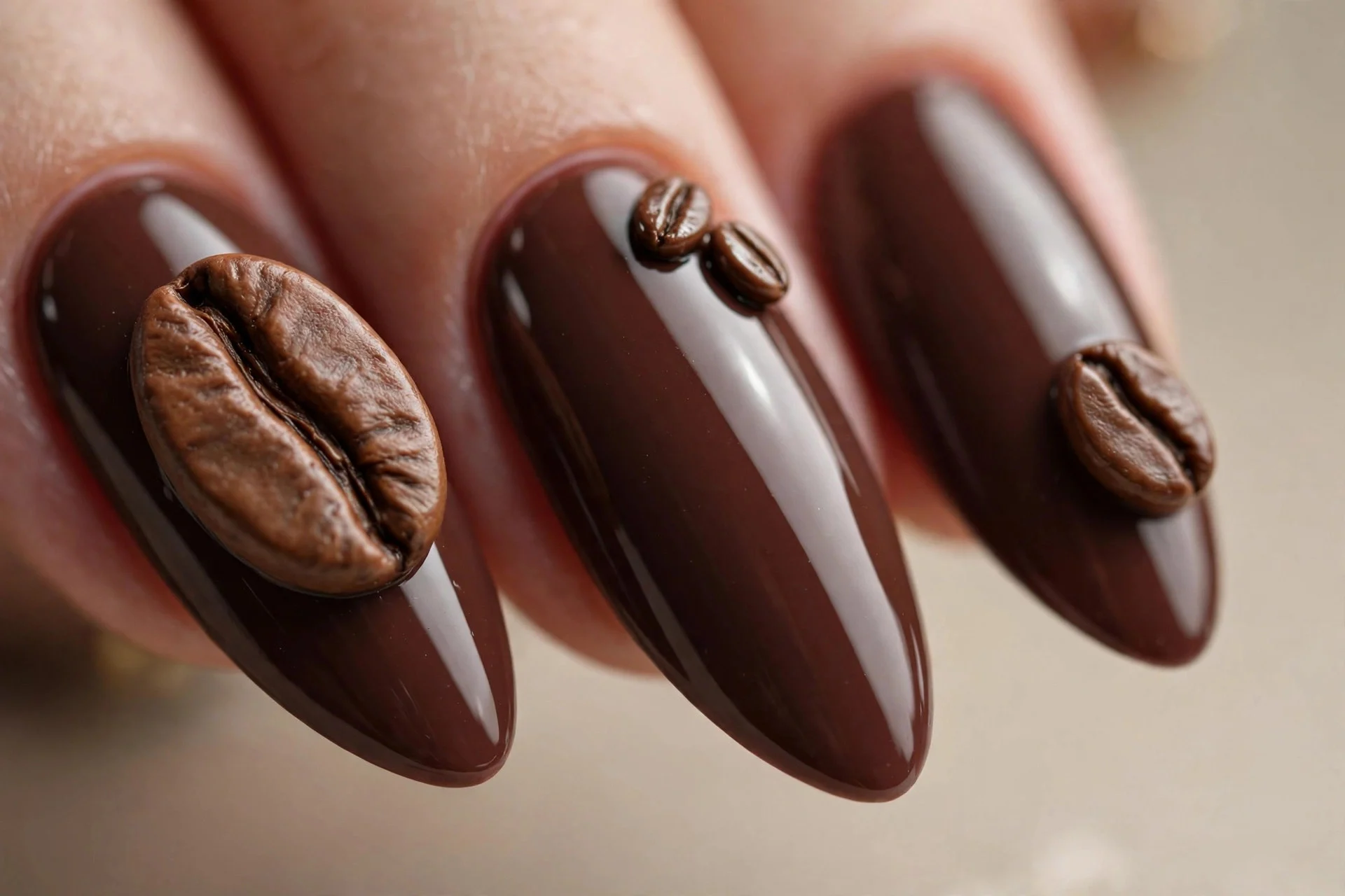 Almond nails in deep mocha with 3D sculpted coffee bean accents, glossy, beige background