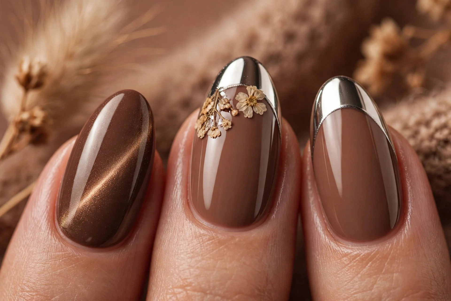 Almond nails in a mixed mocha editorial set with cat-eye, chrome tips and floral accent, glossy, warm background