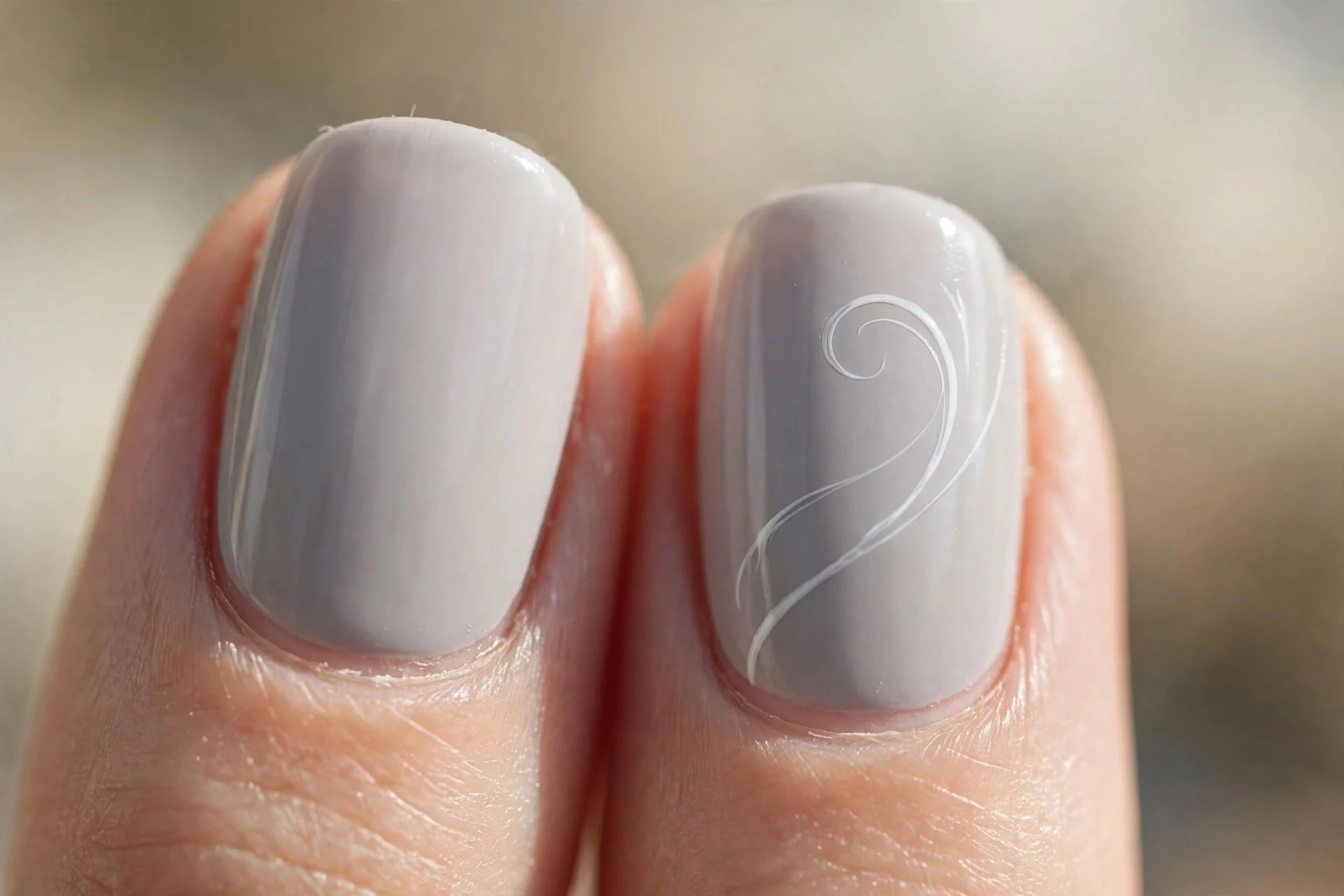dove grey nails with a single delicate white swirl on two accent nails