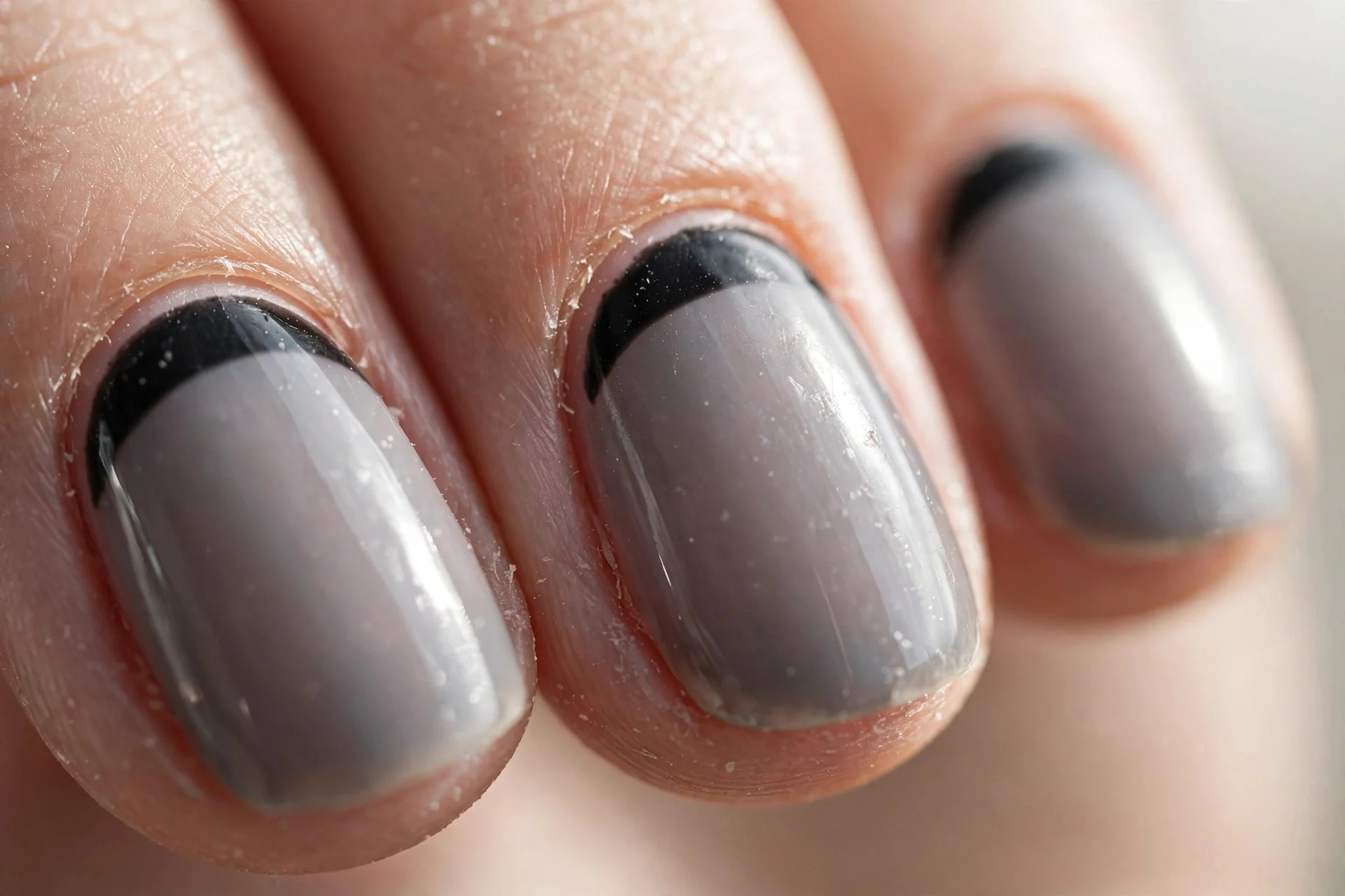 nails with sheer grey base and black half-moon detail at the cuticle