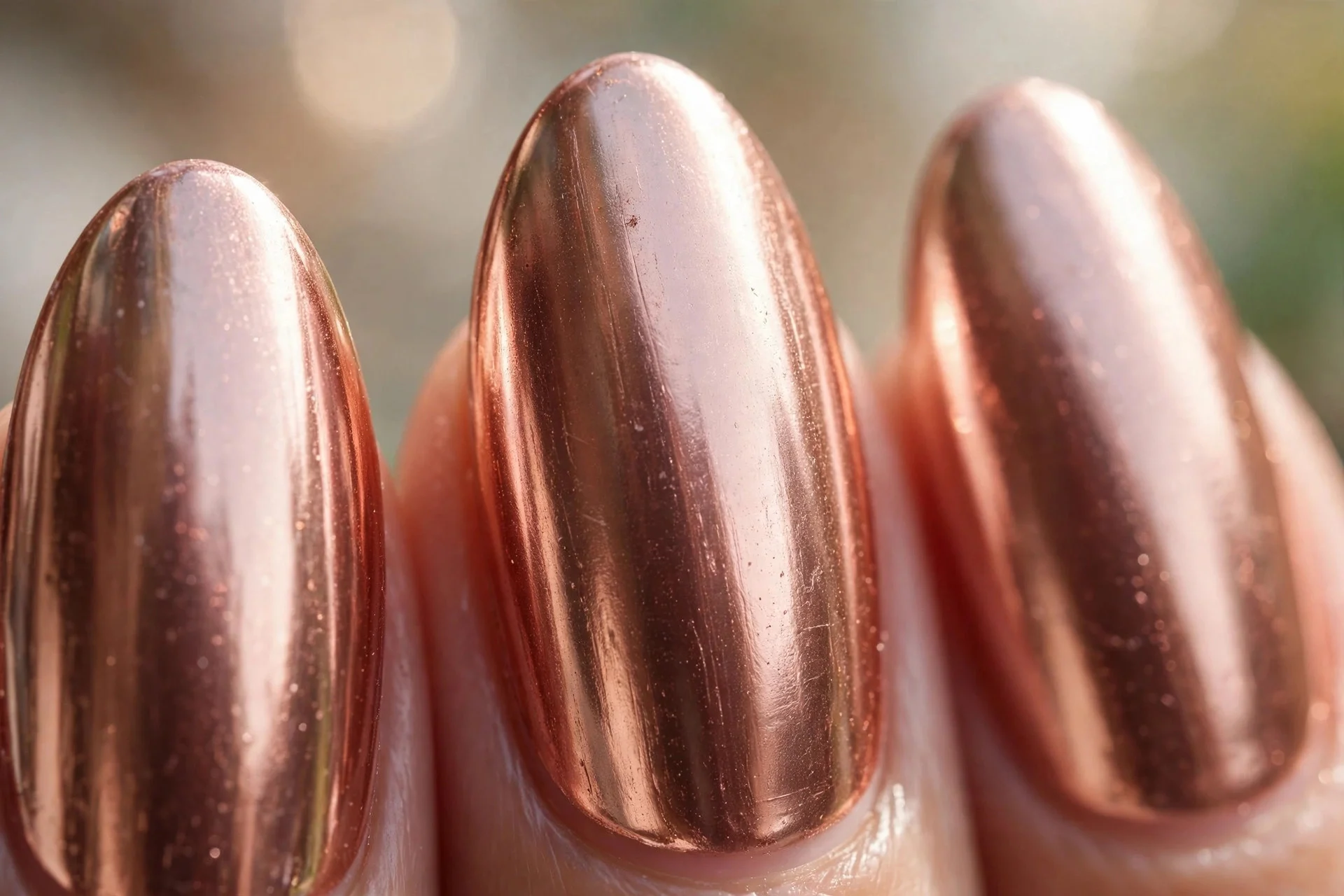 Rose gold chrome nails, almond nails