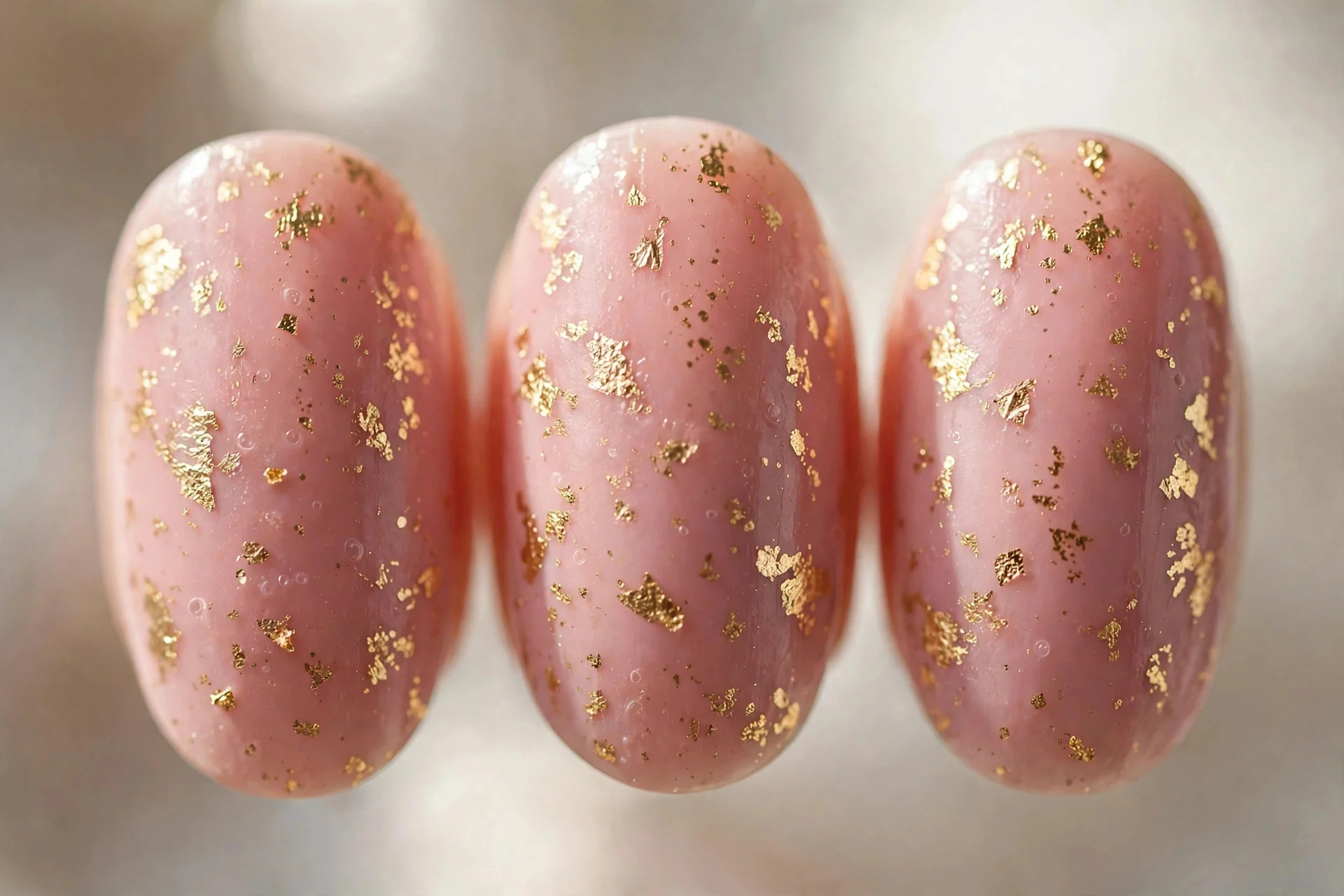 Blush pink nails with gold foil flecks, oval nails