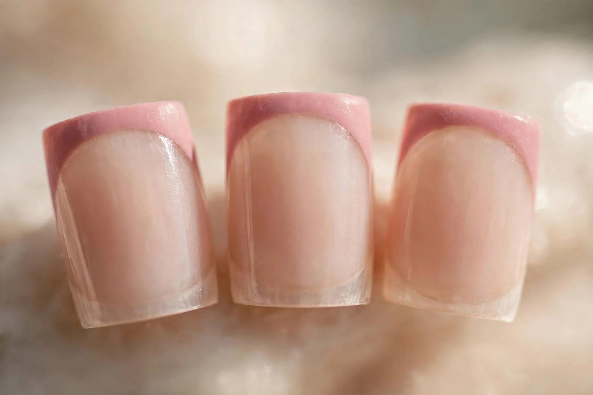 Sheer nude nails with dusty pink French tips, square nails
