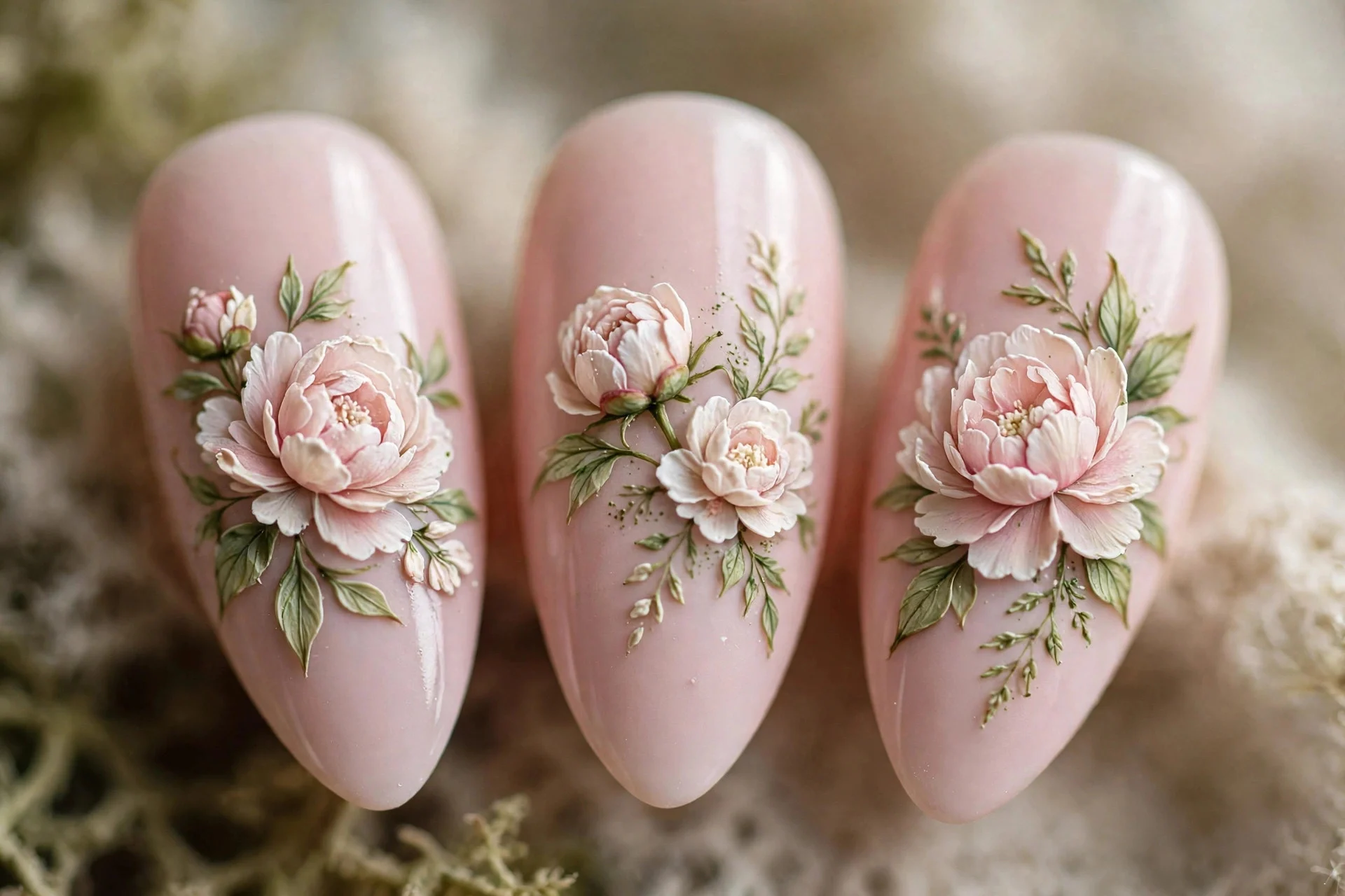 Pale blush nails with hand-painted peonies, almond nails