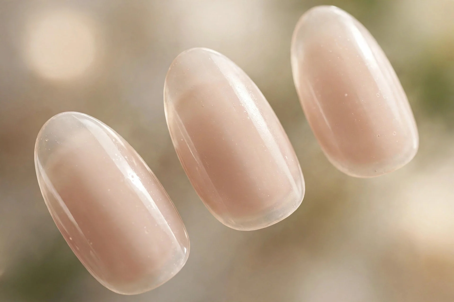 Sheer milky beige polish, almond nails