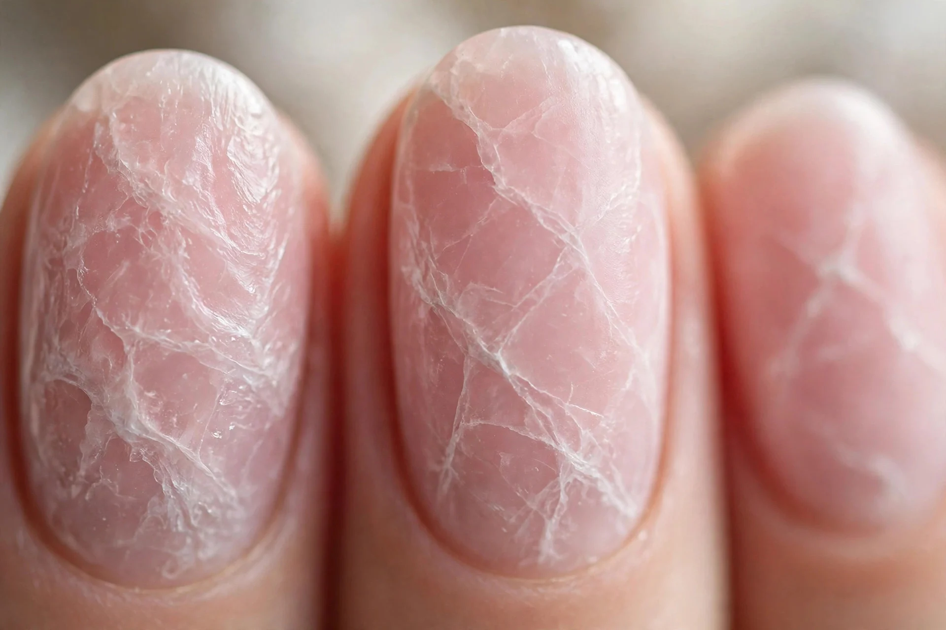 Soft pink nails with white rose quartz veining, oval nails