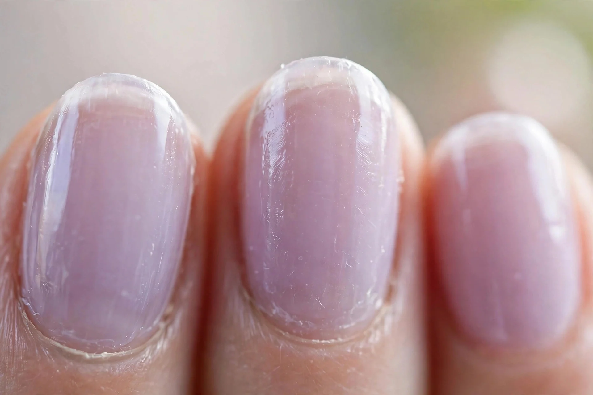 Sheer lavender translucent polish, short oval nails