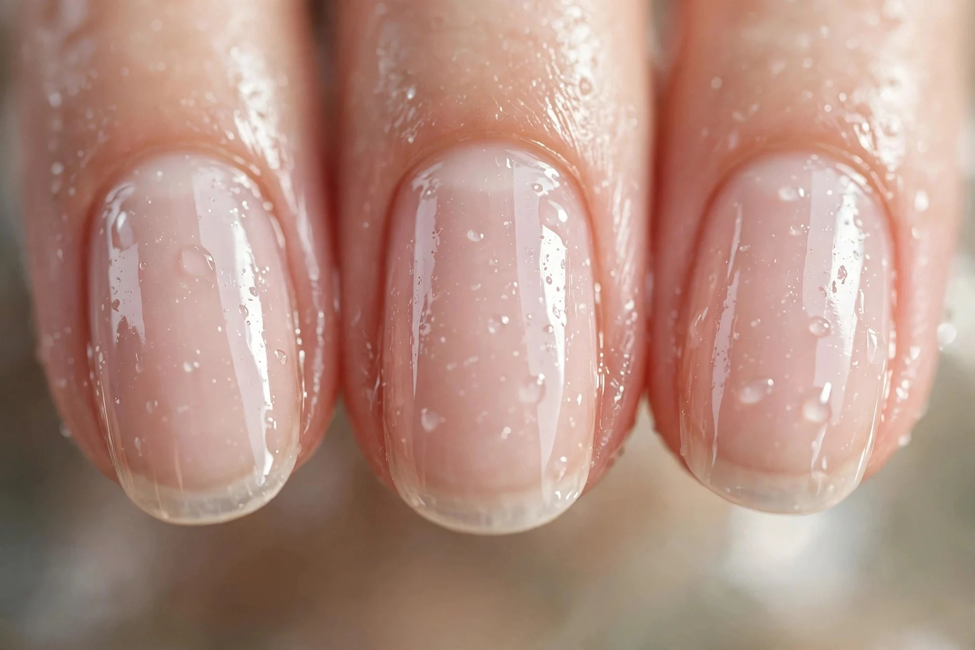 Barely-there natural nails with ultra-glossy finish, short almond nails