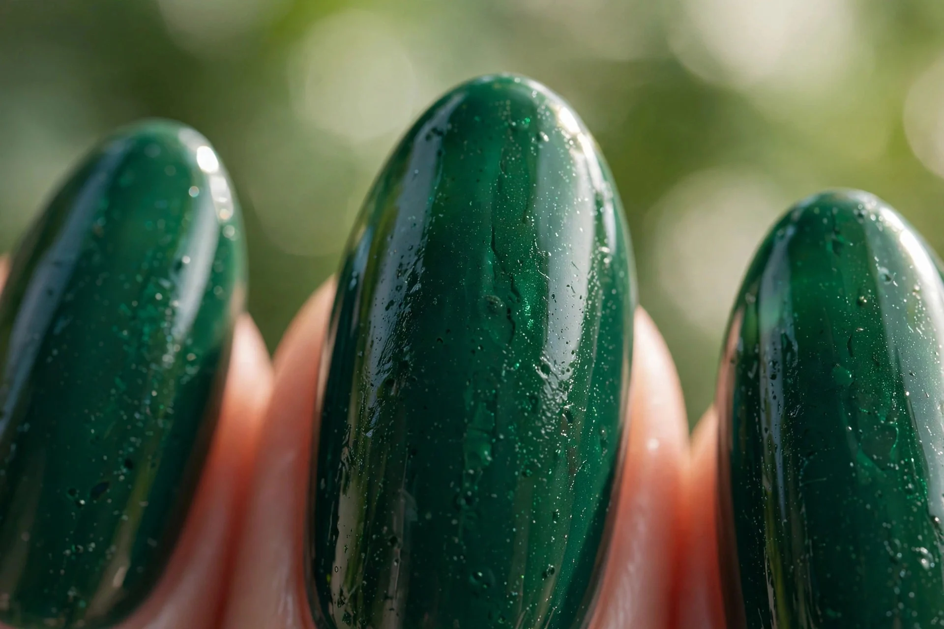 Deep emerald green glossy polish, almond nails