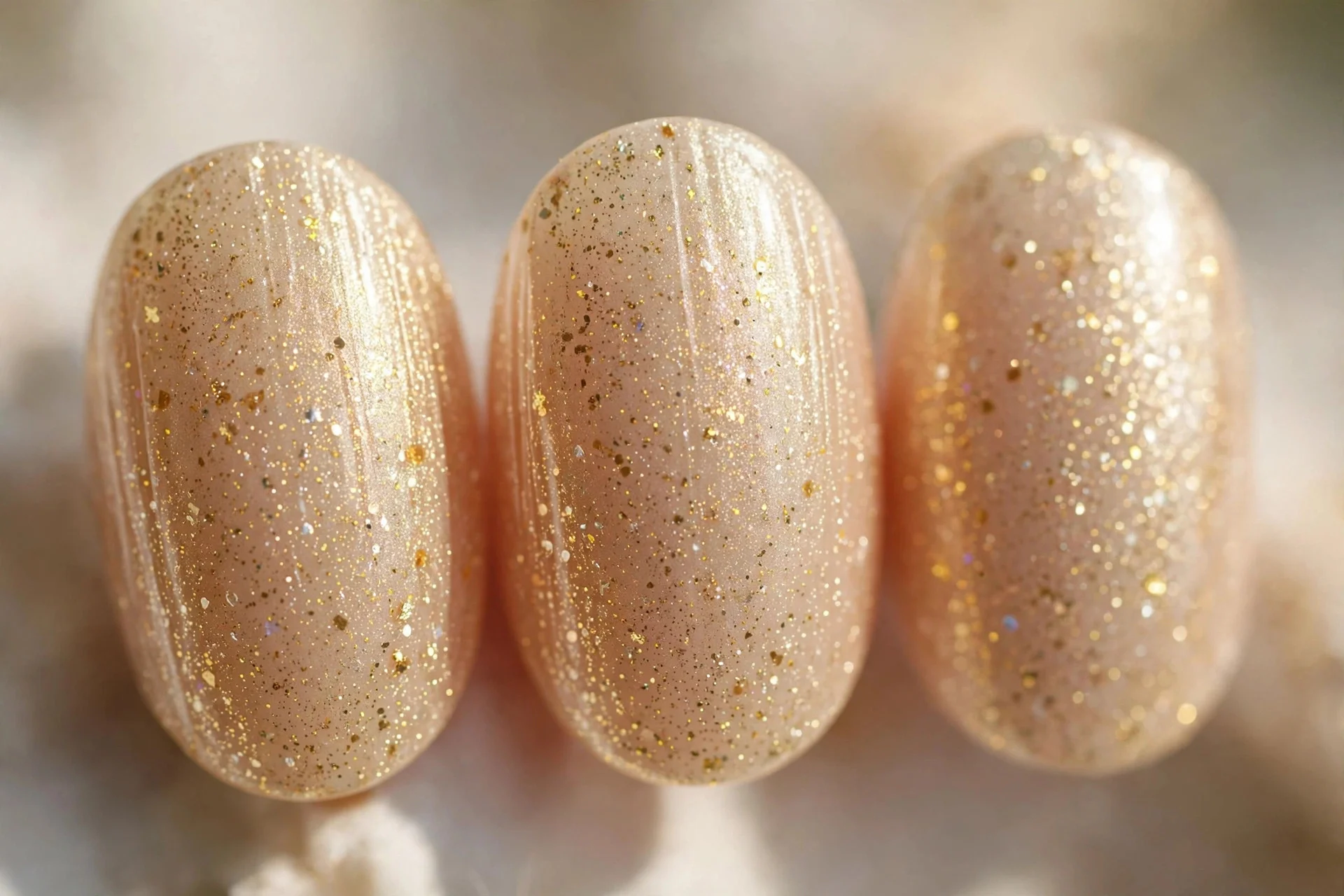 Champagne nails with fine gold shimmer, oval nails