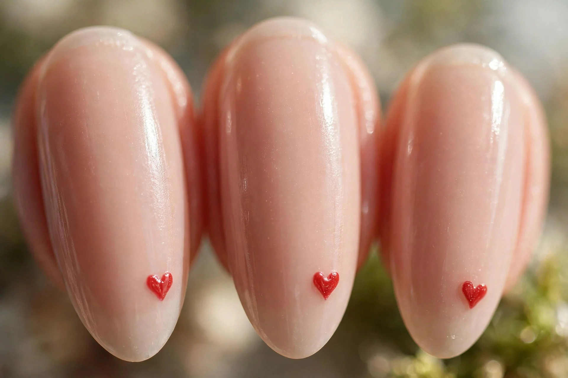 Soft nude nails with tiny red heart accents, almond nails