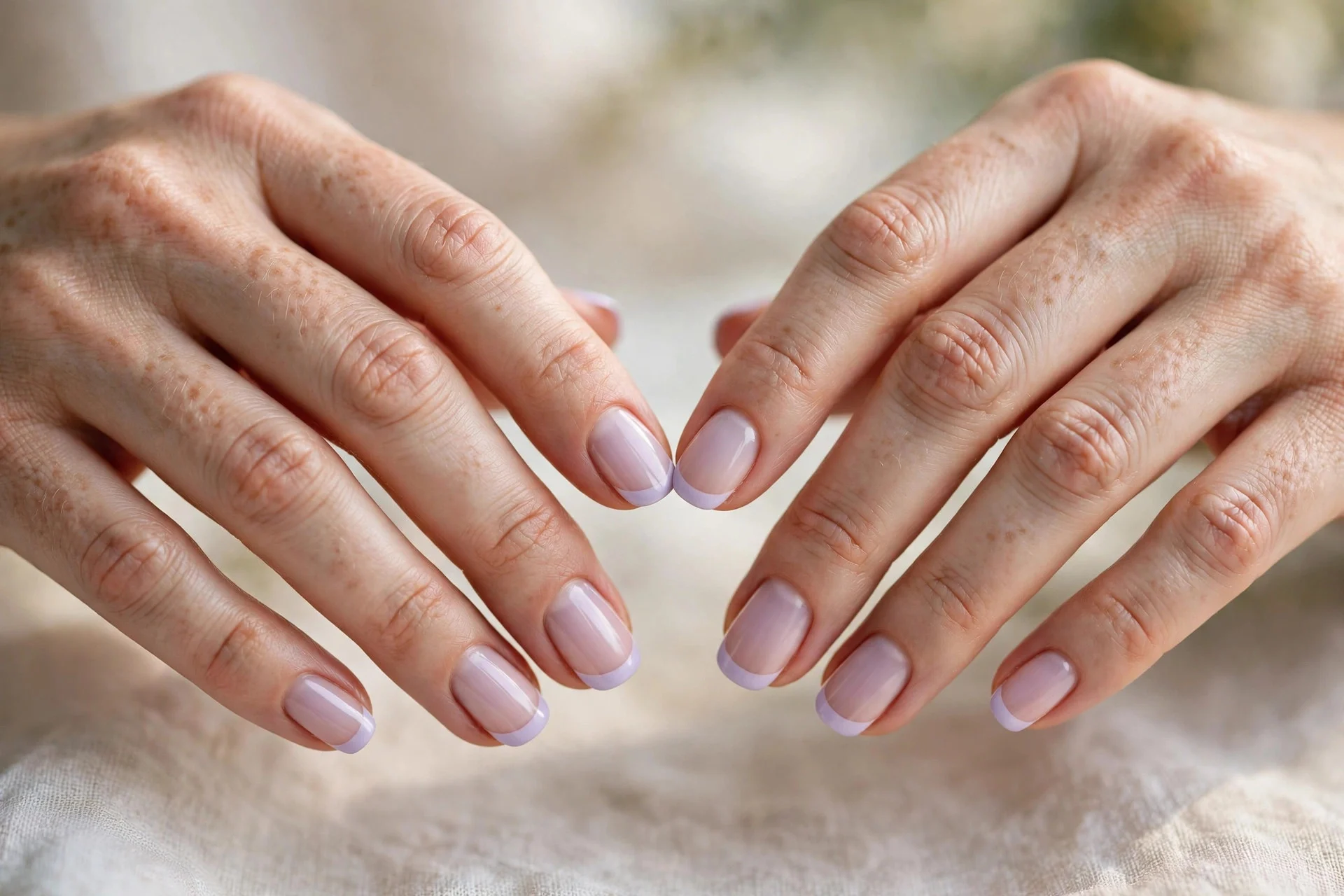 Two hands side by side with matching lilac French tips