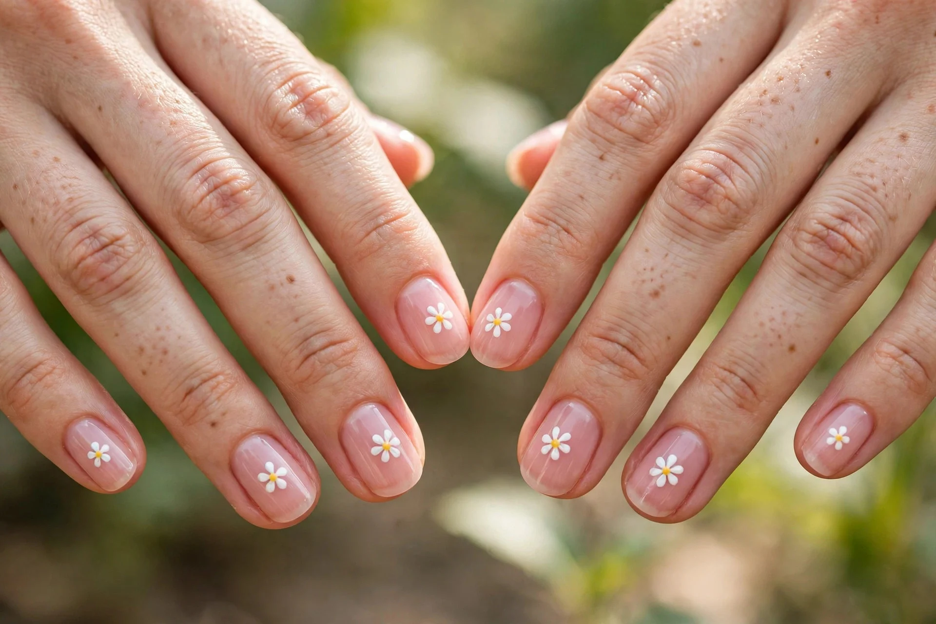 Two hands side by side with matching white daisy art on sheer pink
