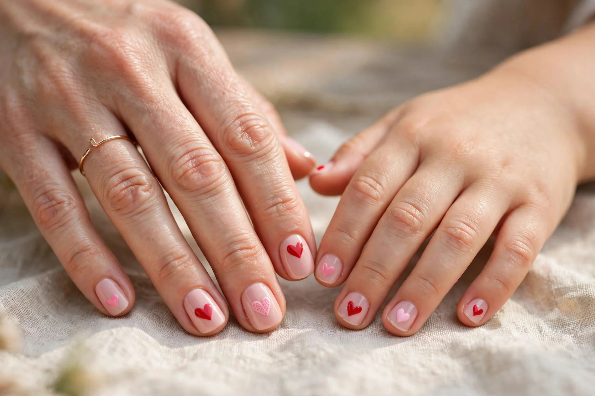 Two hands side by side with coordinated red and pink heart nail art